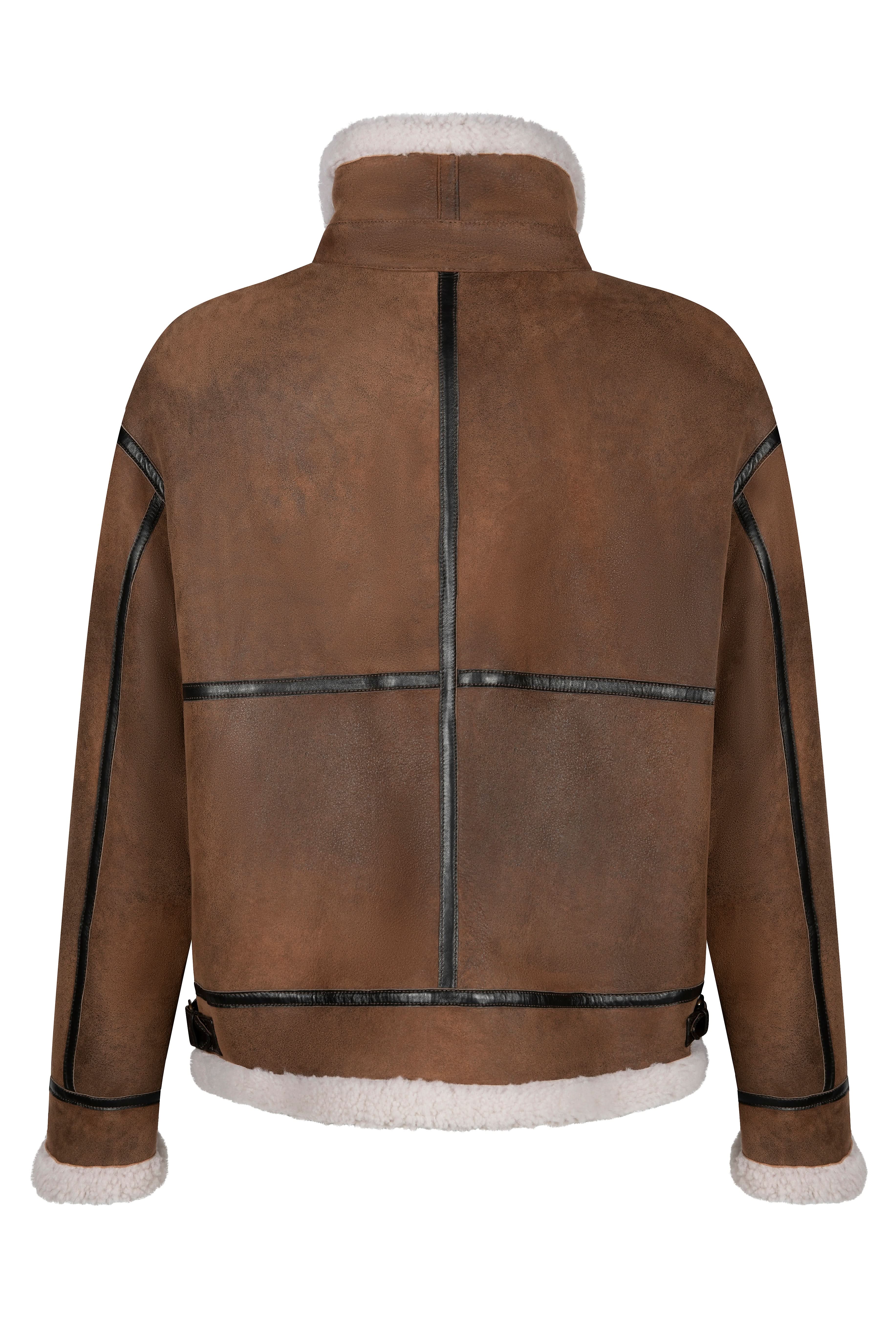 Brown sheepskin bomber jacket with cream fleece lining, back view. - Yellow Earth Australia