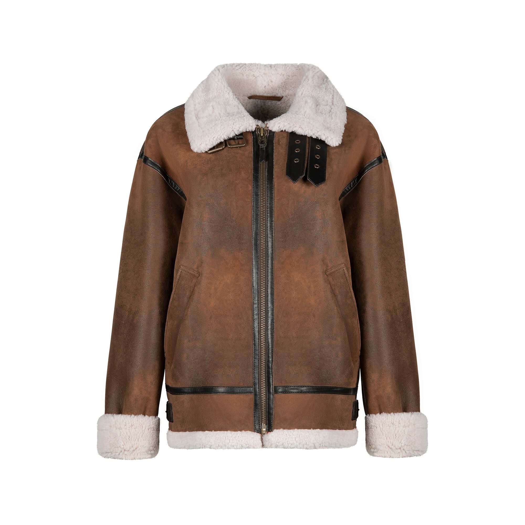 Brown sheepskin aviator jacket with cream wool collar and cuff lining, front view. - Yellow Earth Australia