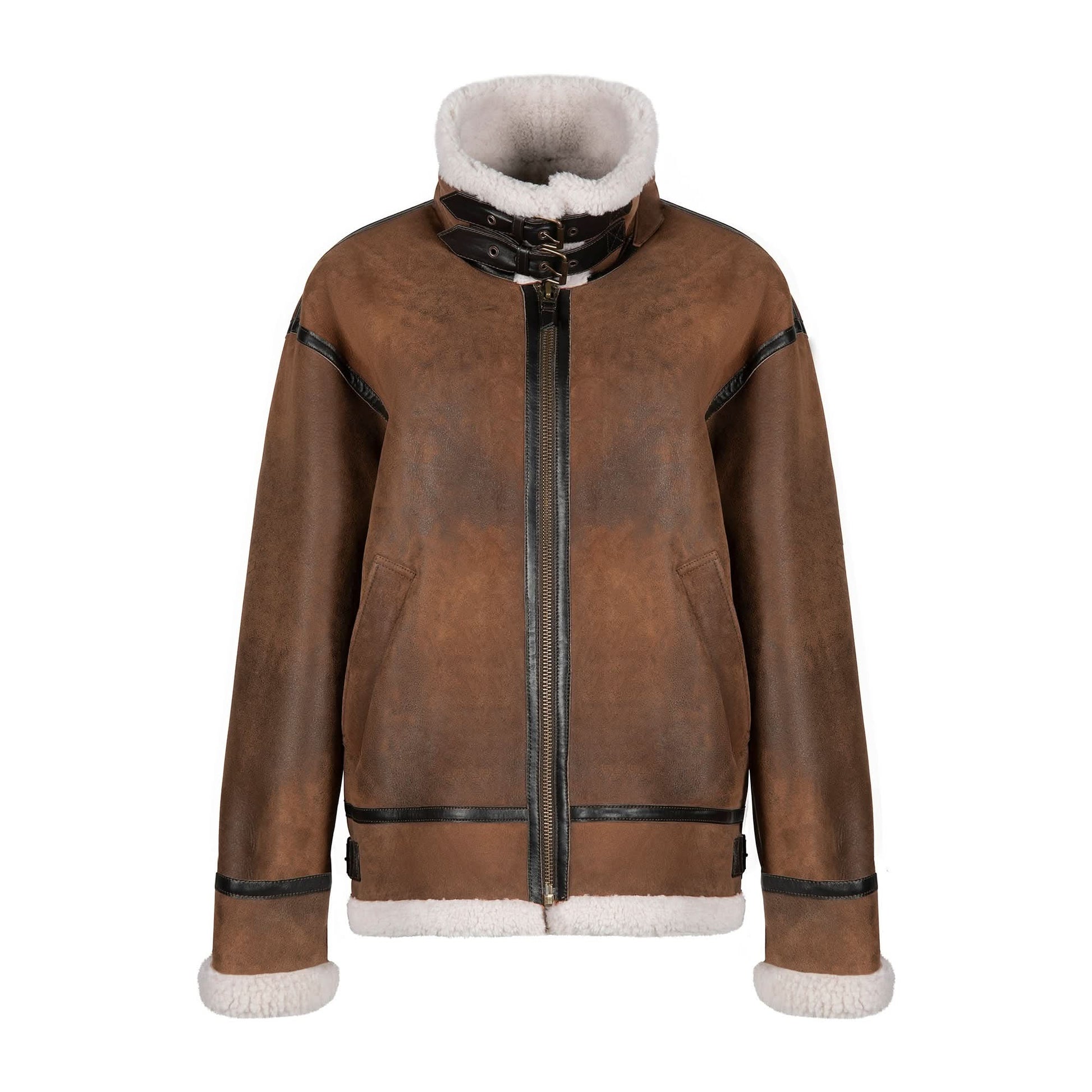 Brown suede sheepskin jacket with cream wool lining and black leather trim, front view. - Yellow Earth Australia