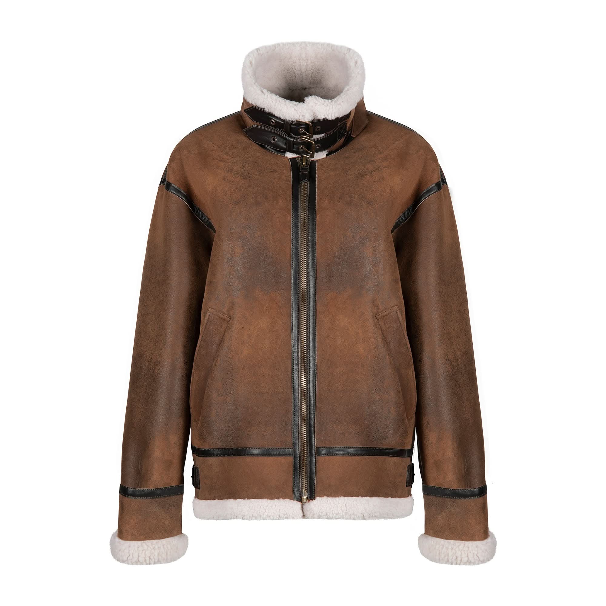 Brown suede sheepskin jacket with cream wool lining and black leather trim, front view. - Yellow Earth Australia