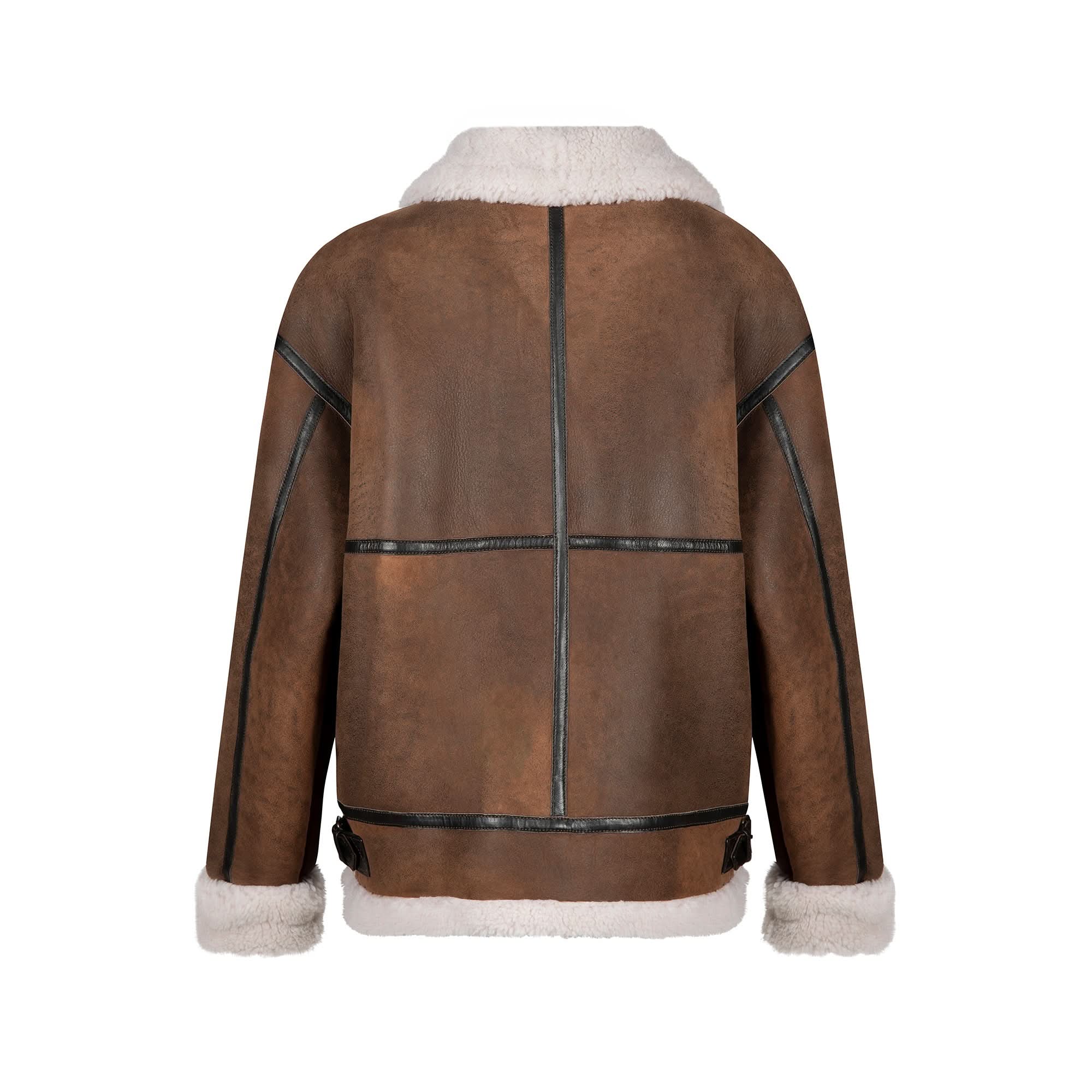 Brown sheepskin jacket with cream wool collar and cuff trim, back view. - Yellow Earth Australia