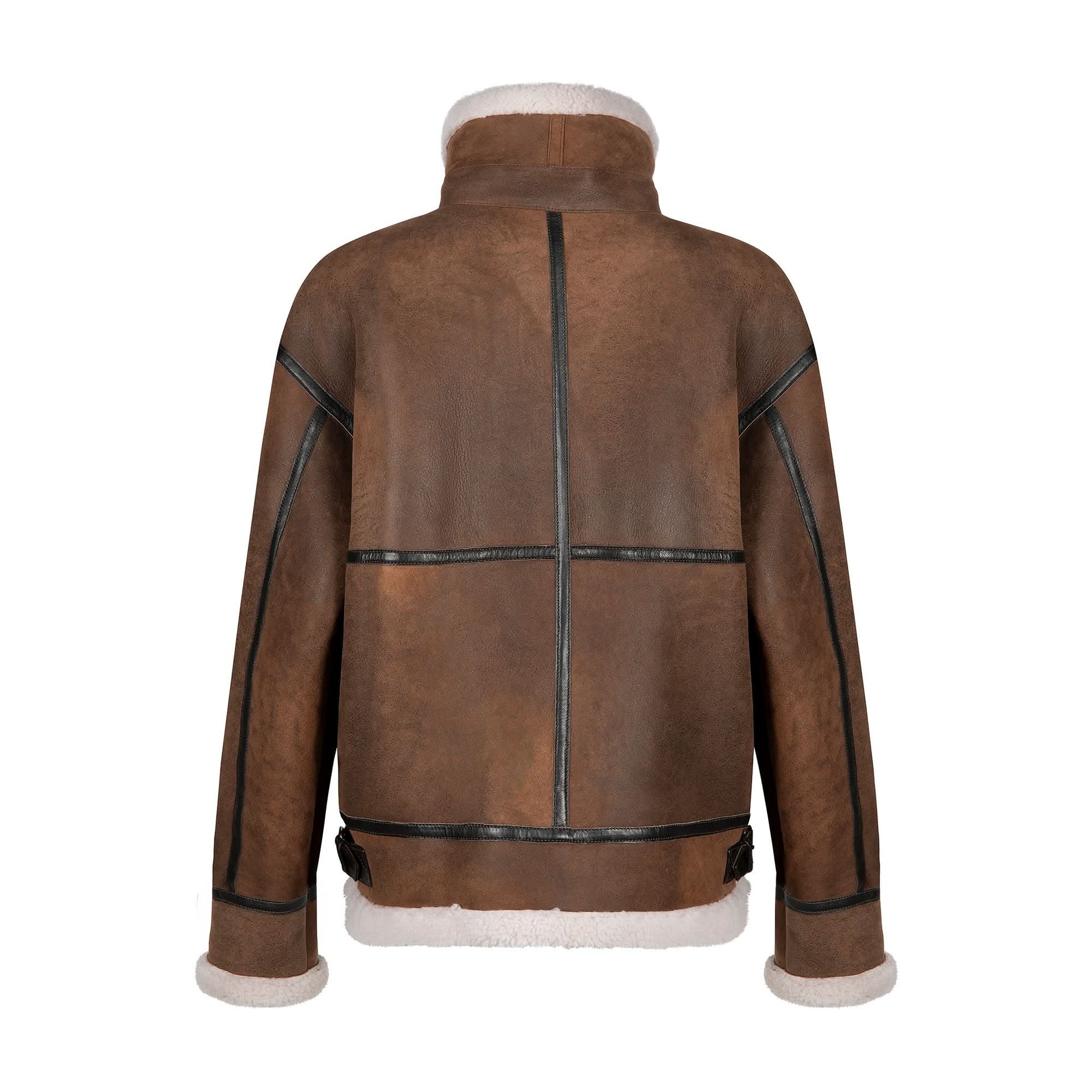 Brown sheepskin aviator jacket with cream wool lining, back view. - Yellow Earth Australia