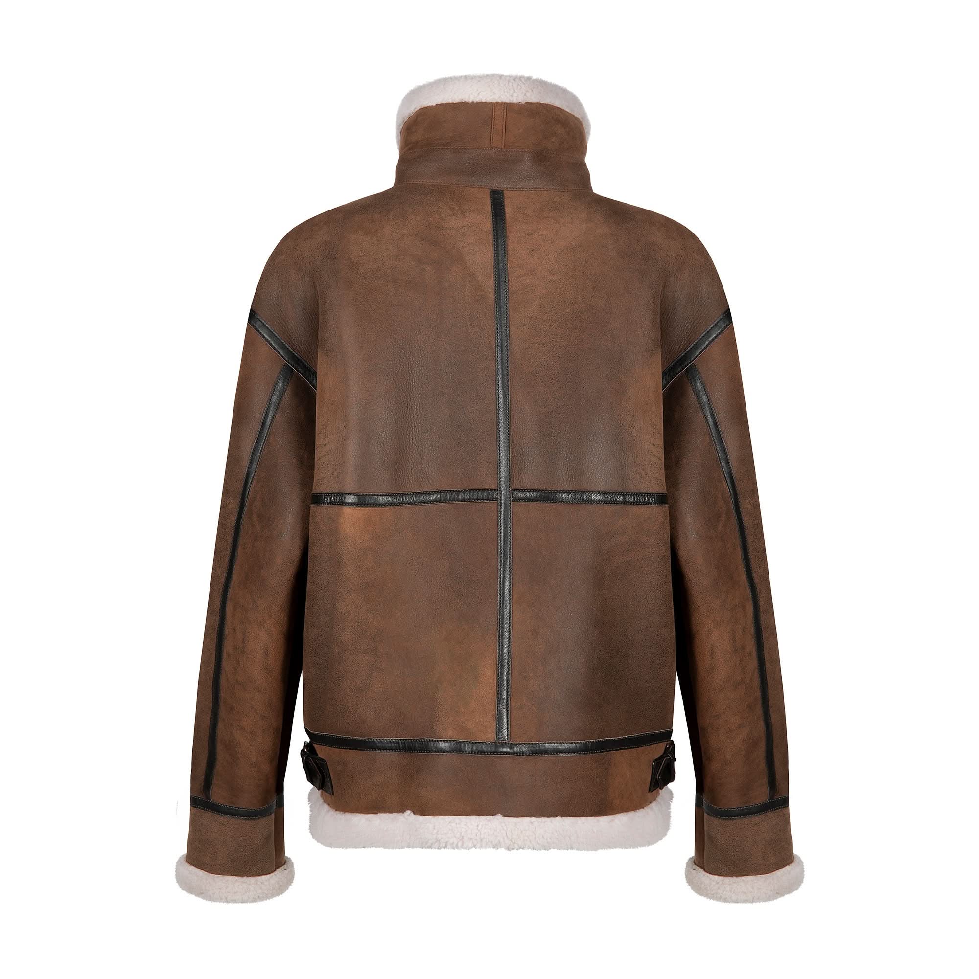 Brown sheepskin aviator jacket with cream wool lining, back view. - Yellow Earth Australia