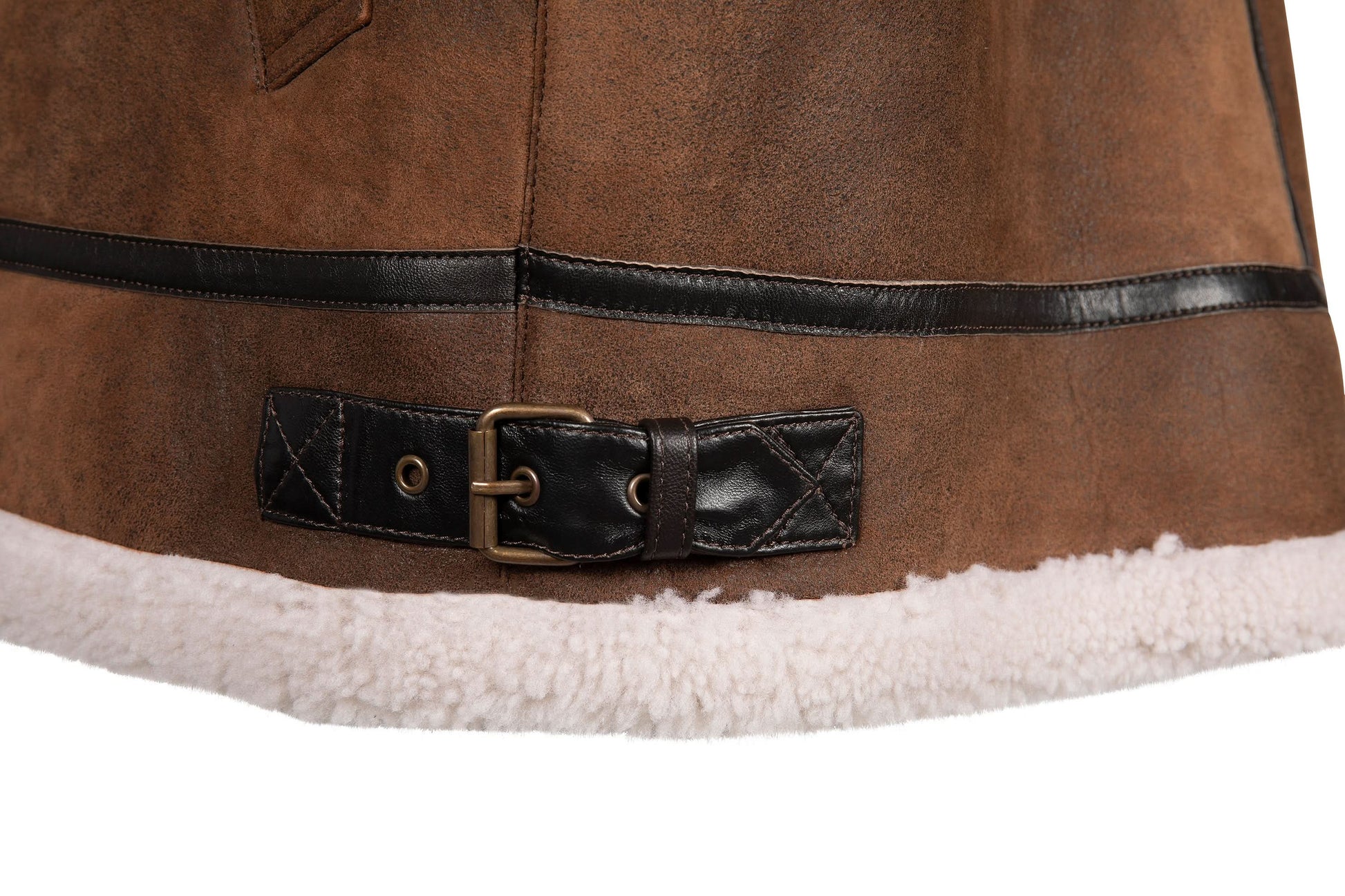 Brown suede sheepskin jacket with black leather belt and cream wool lining detail. - Yellow Earth Australia