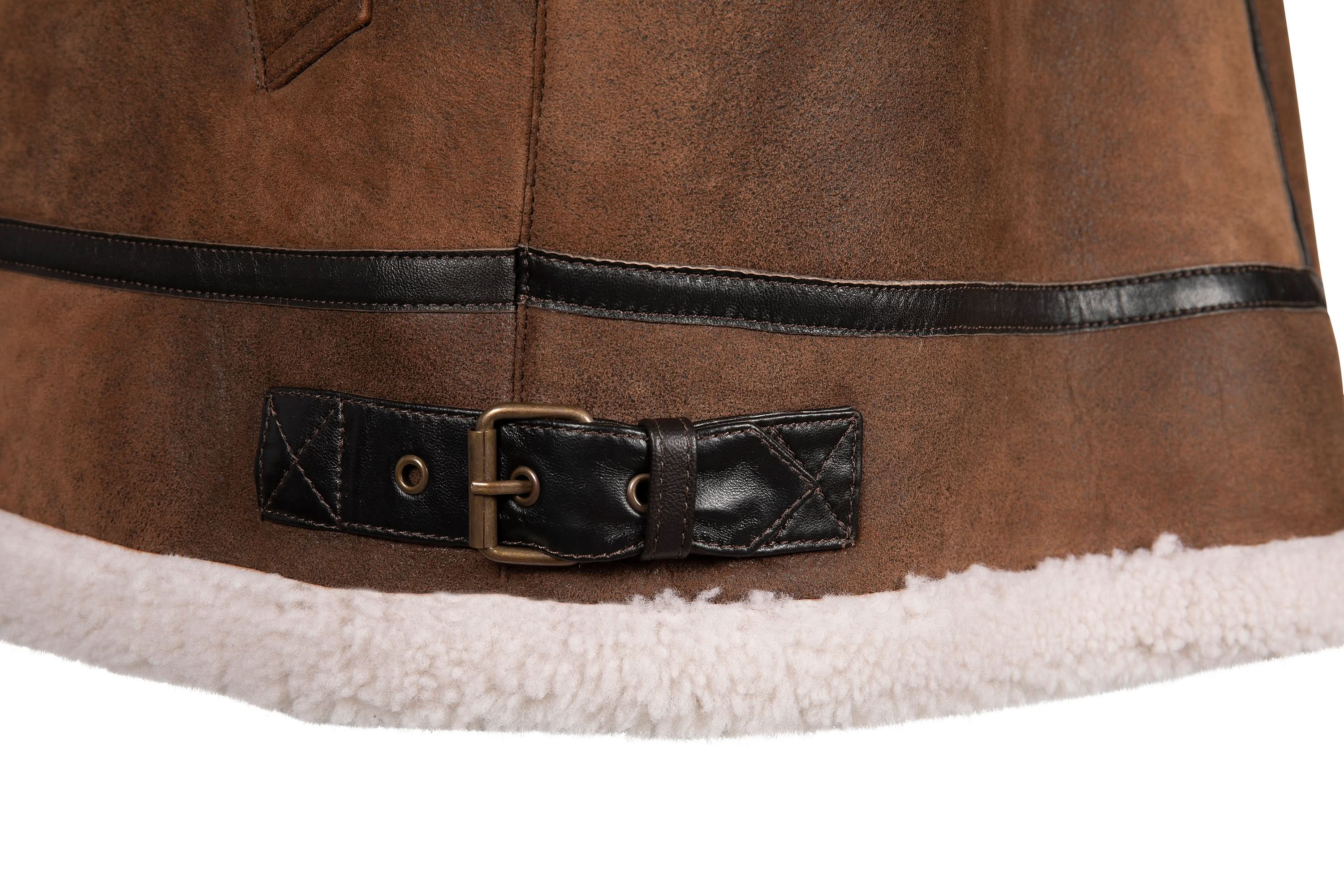 Brown suede sheepskin jacket with black leather belt and cream wool lining detail. - Yellow Earth Australia