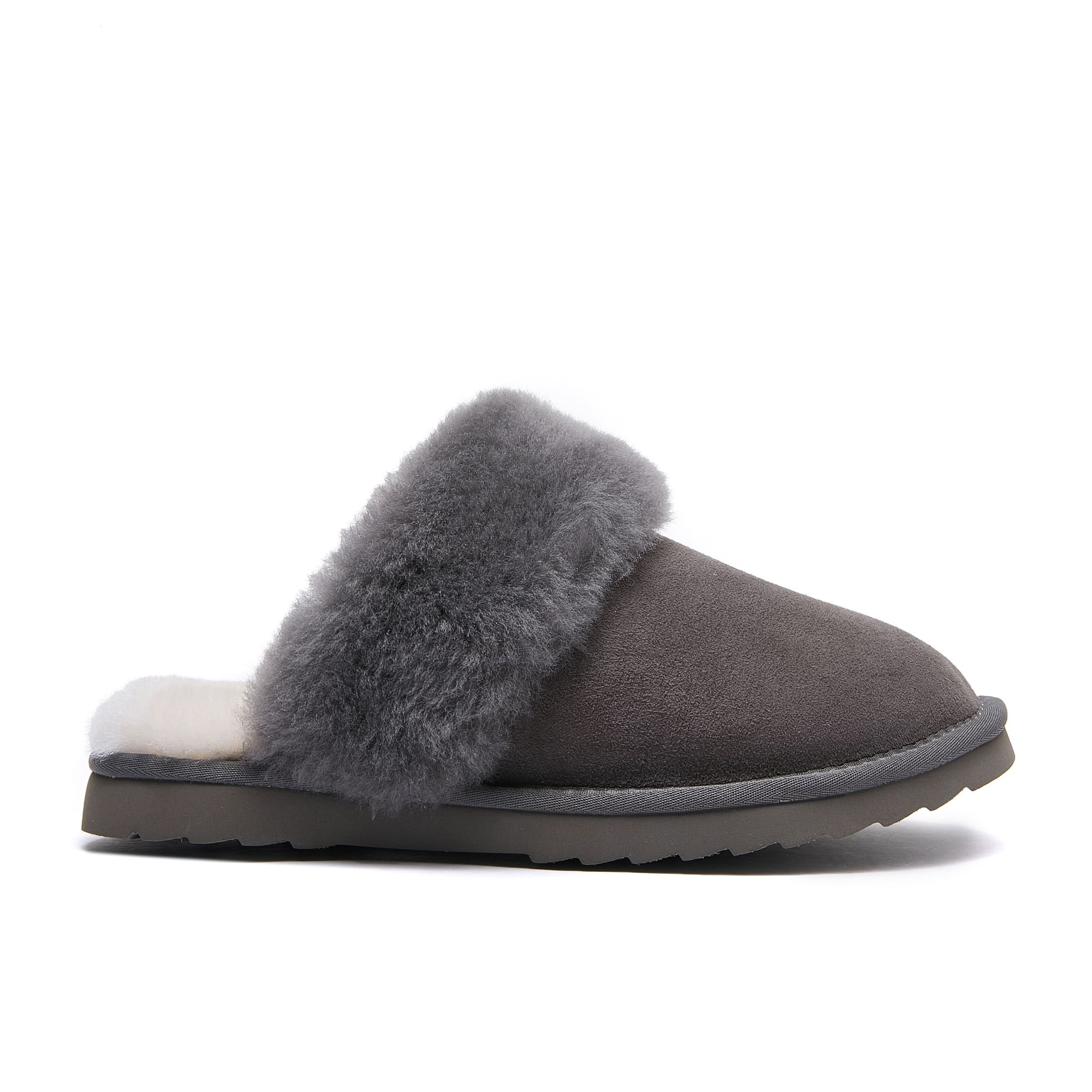 Grey sheepskin slipper with fluffy wool collar, side view. - Yellow Earth Australia