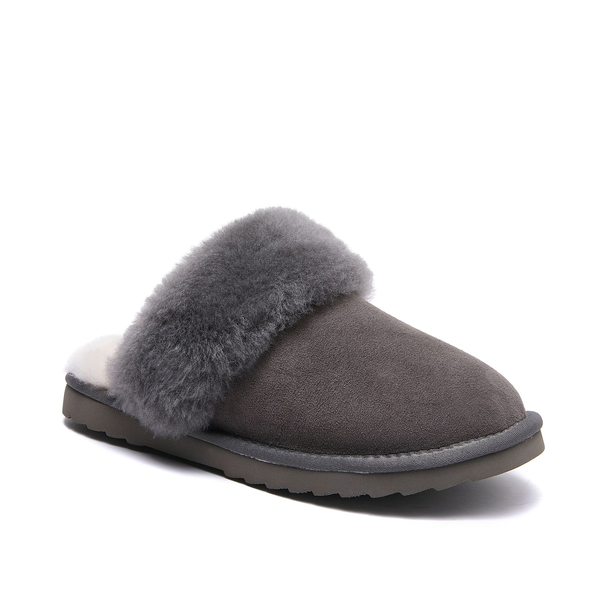 Grey sheepskin slipper with fluffy wool collar, side view. - Yellow Earth Australia