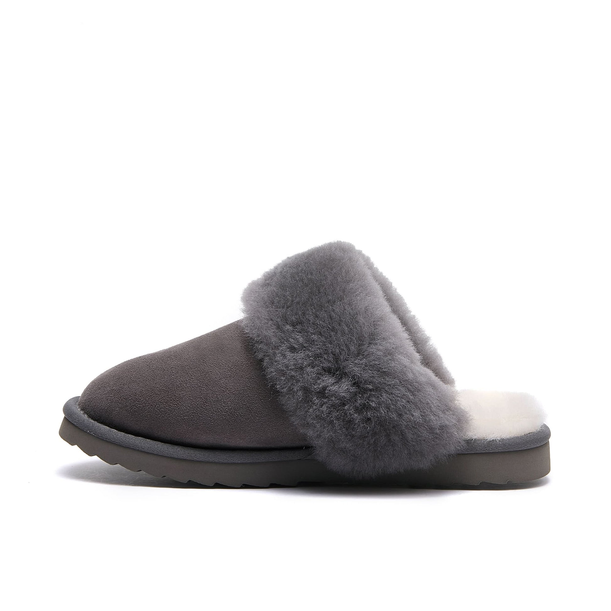 Grey sheepskin slipper with fluffy wool collar, side view. - Yellow Earth Australia