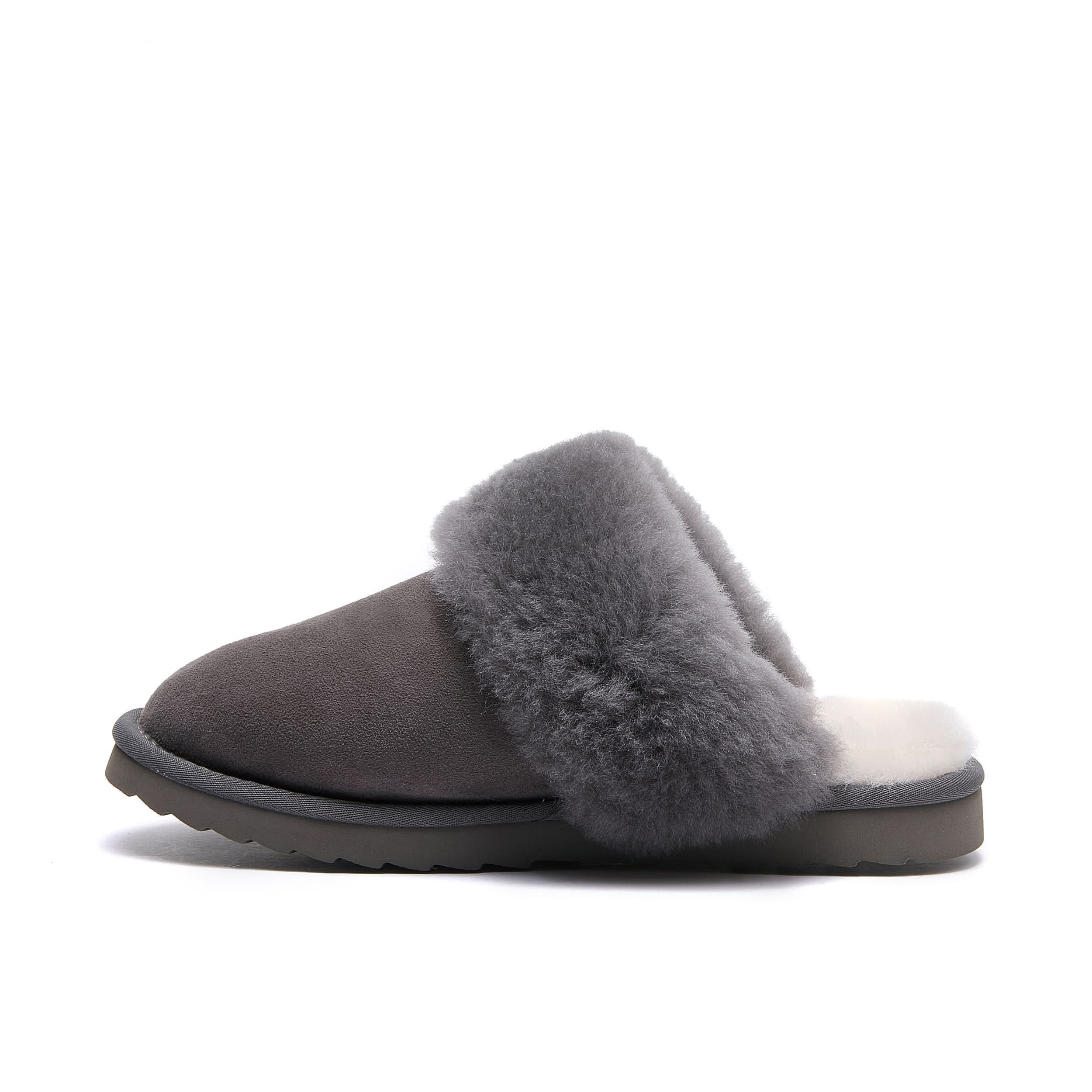 Grey sheepskin slipper with fluffy wool collar, side view. - Yellow Earth Australia