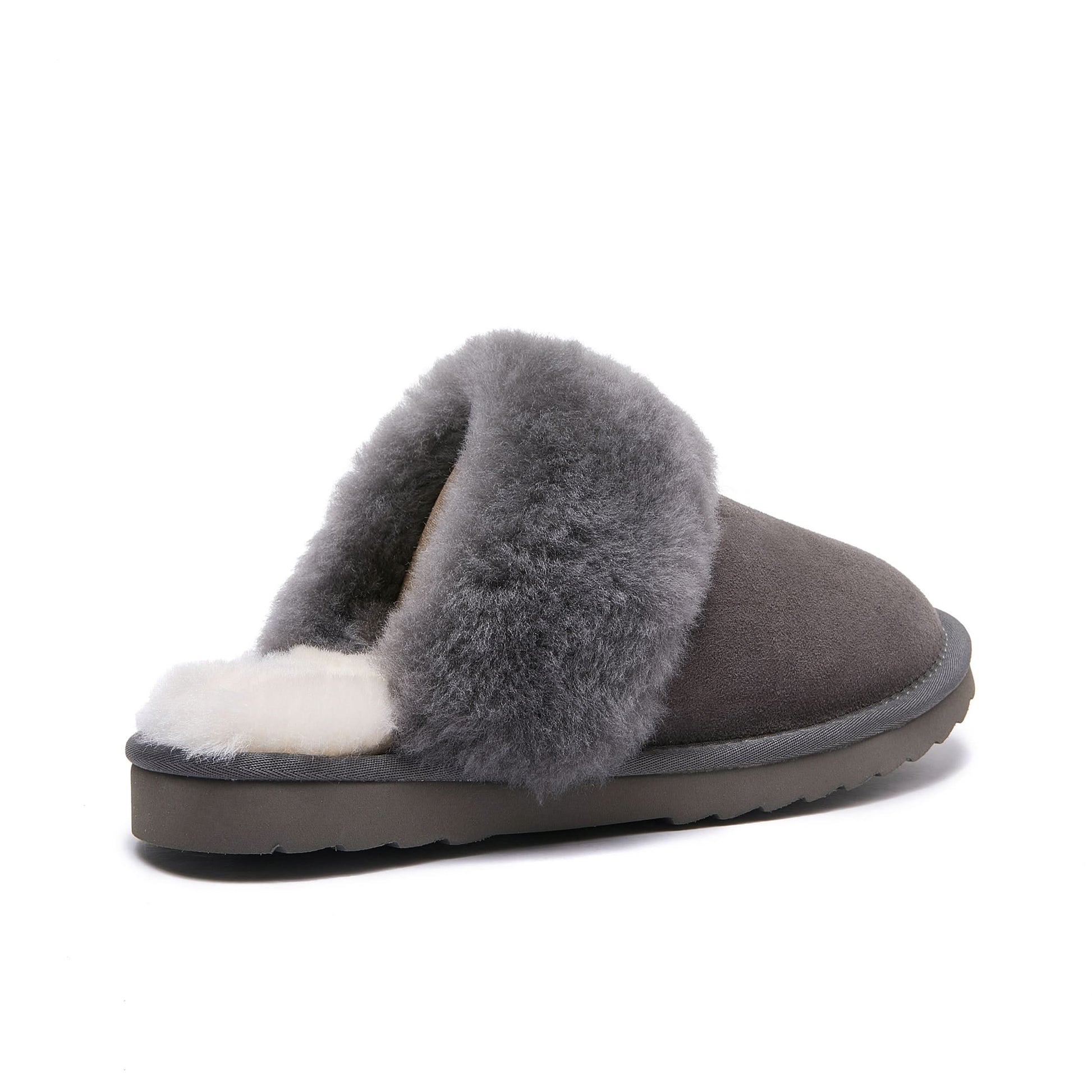 Grey sheepskin slipper with fluffy wool collar, rear three-quarter view. - Yellow Earth Australia