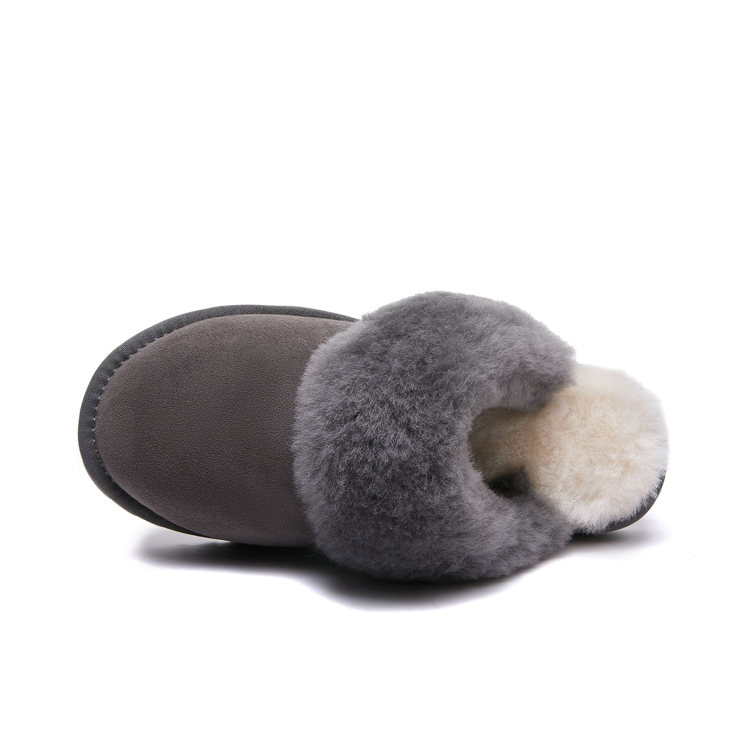 Grey sheepskin slippers with soft wool lining, top view angle. - Yellow Earth Australia