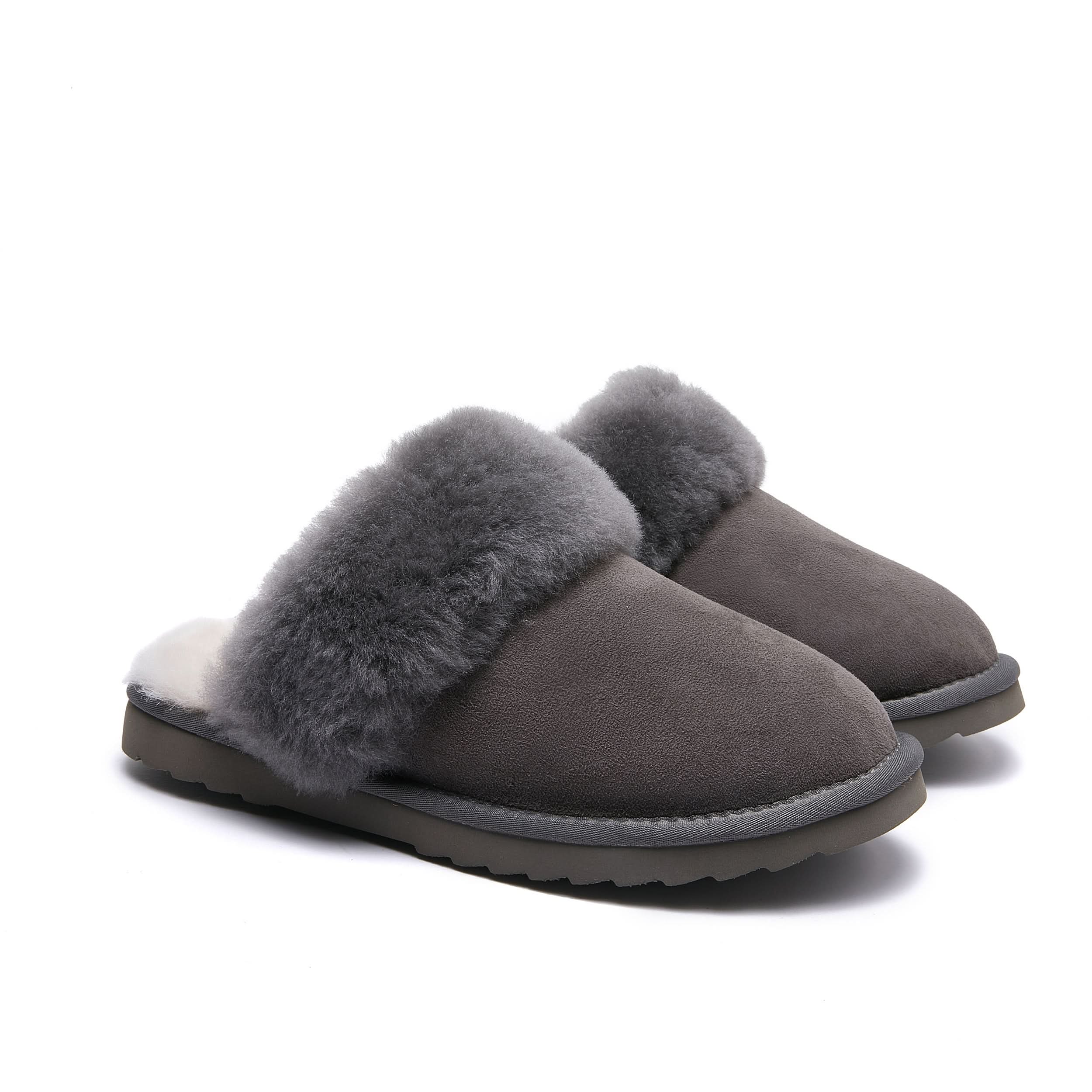 Grey sheepskin slippers with fluffy wool collar, front three-quarter view. - Yellow Earth Australia