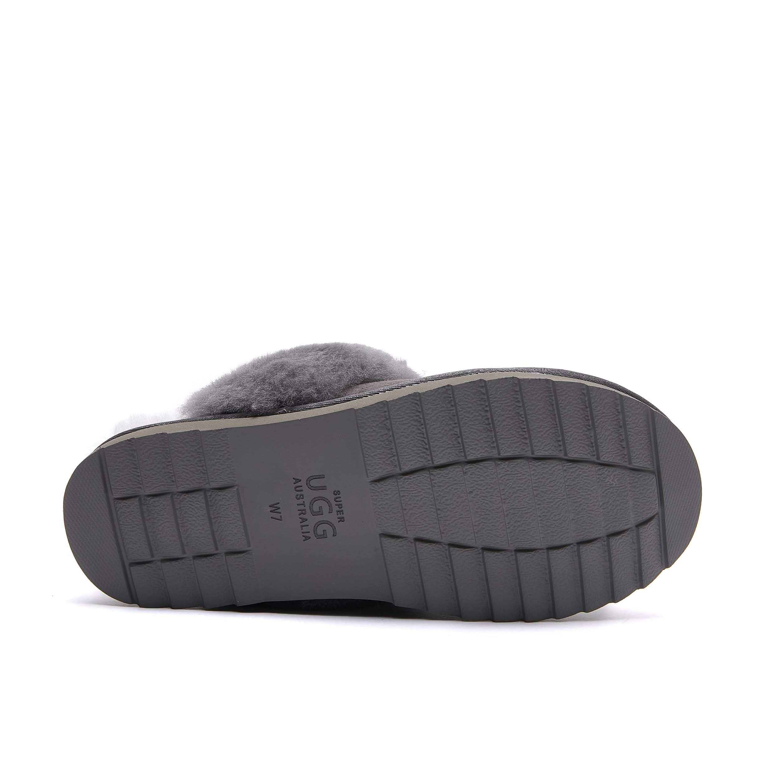 Grey sheepskin slipper with dark sole, bottom view showing tread pattern. - Yellow Earth Australia