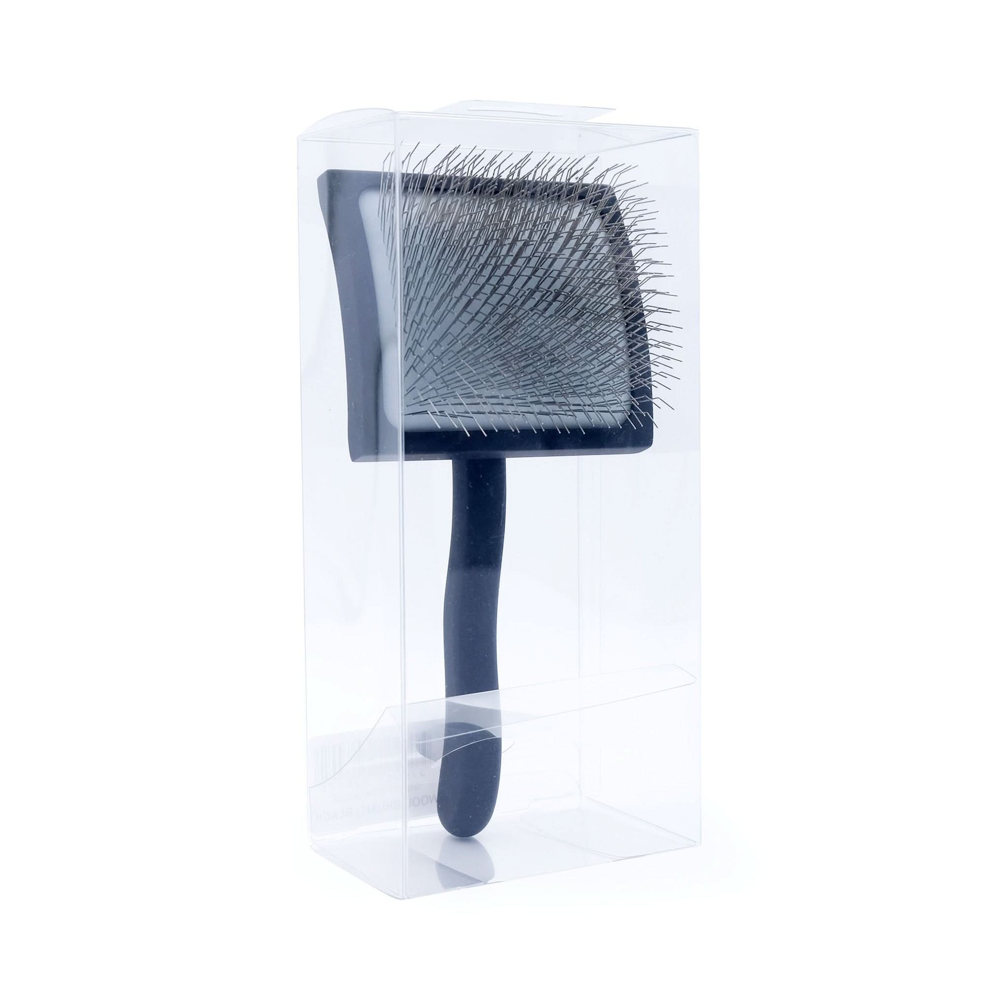 Curved paddle brush with dark blue handle and fine wire bristles in clear packaging. - Yellow Earth Australia