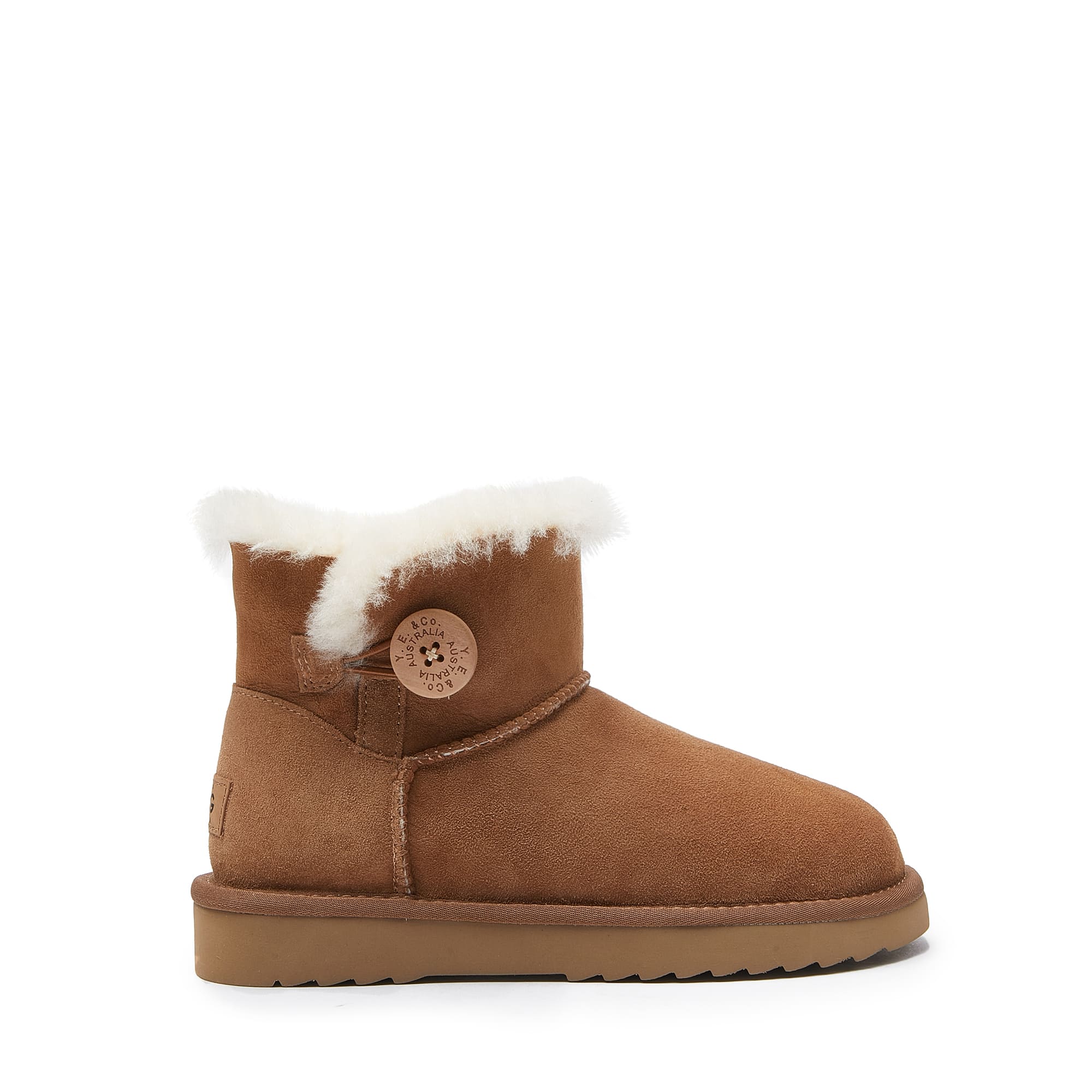 Chestnut sheepskin boot with white fleece collar, side view. - Yellow Earth Australia