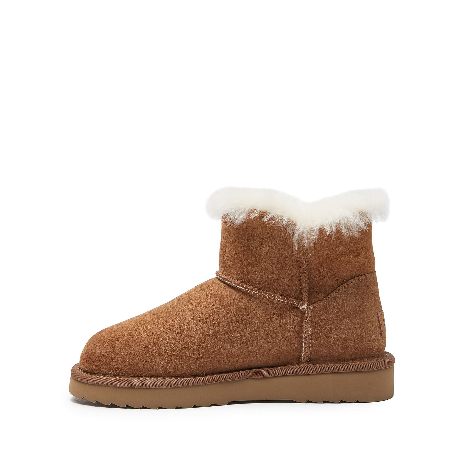 Chestnut suede sheepskin boot with white wool lining, side view. - Yellow Earth Australia