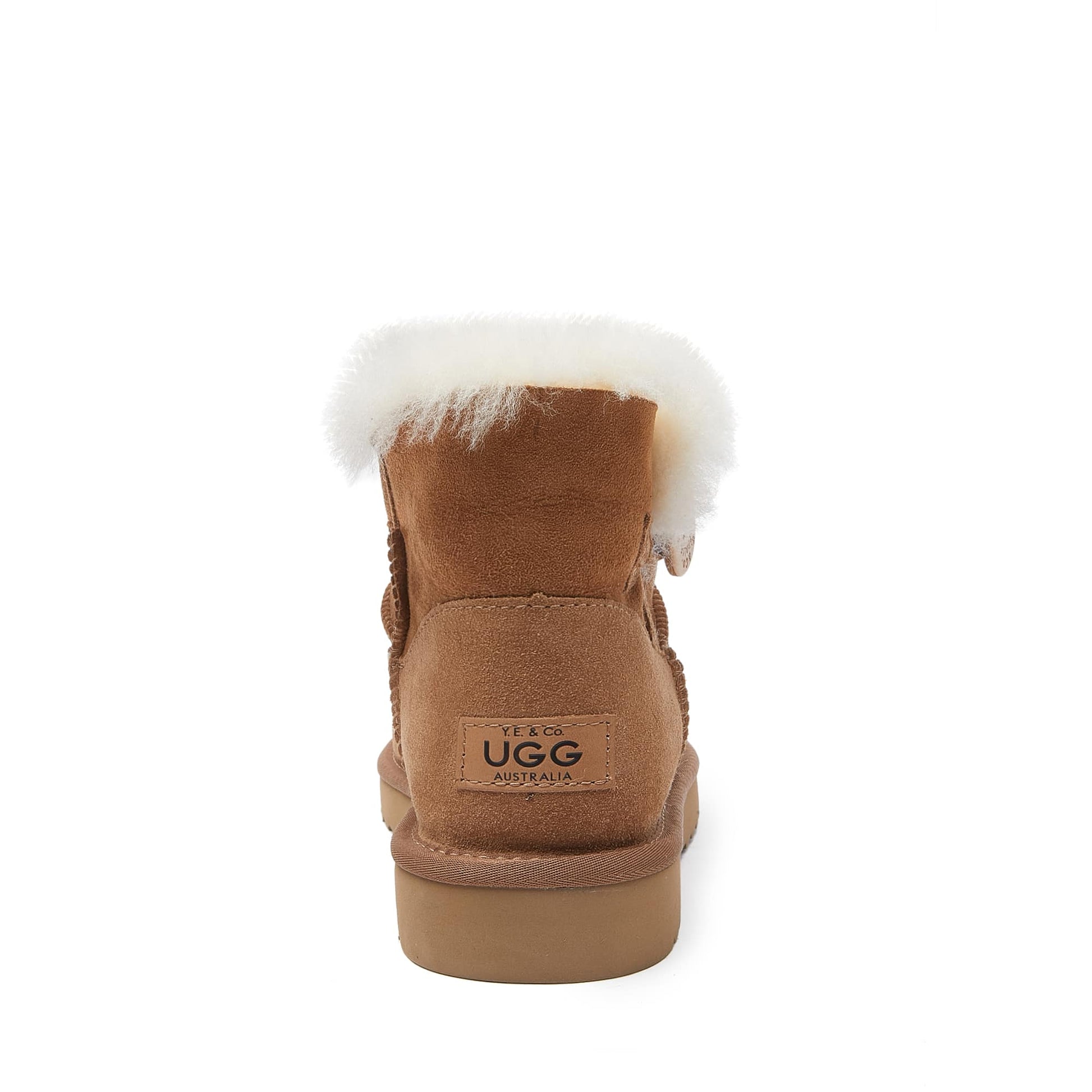 Tan sheepskin boot with white fur collar, rear view. - Yellow Earth Australia