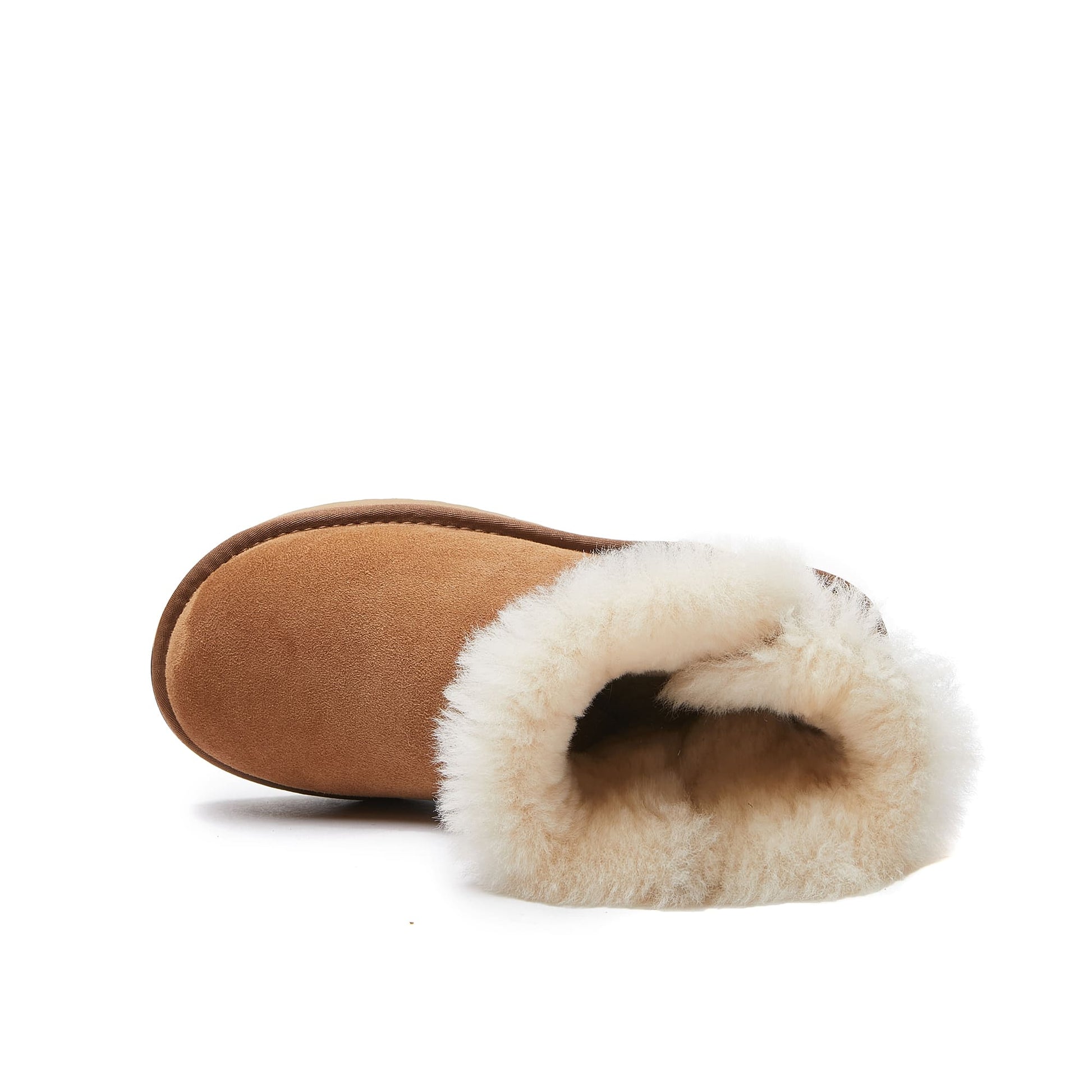 Chestnut sheepskin boot with cream wool lining, top view. - Yellow Earth Australia