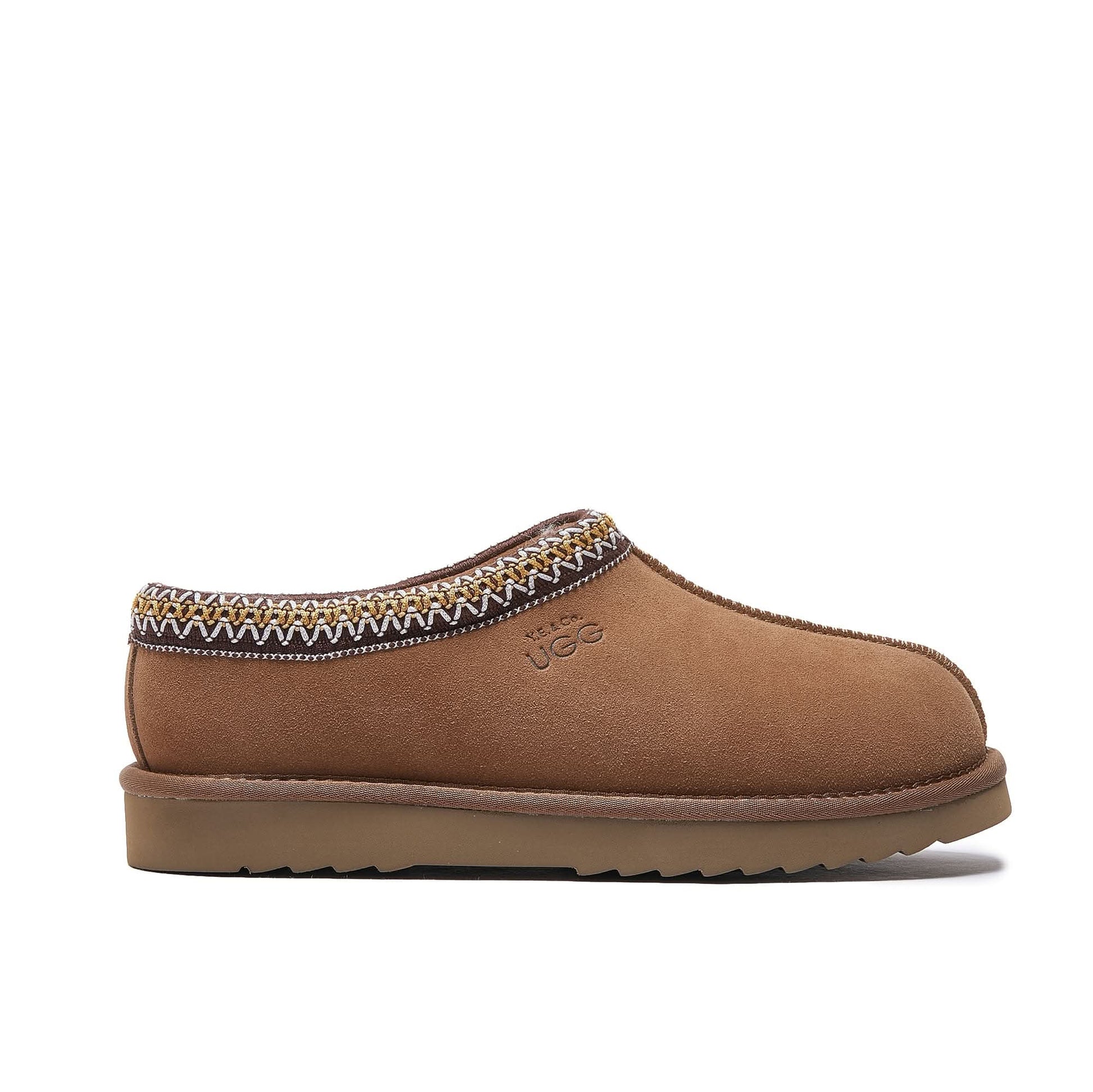 Chestnut suede sheepskin clog slipper with knit collar trim, side view. - Yellow Earth Australia
