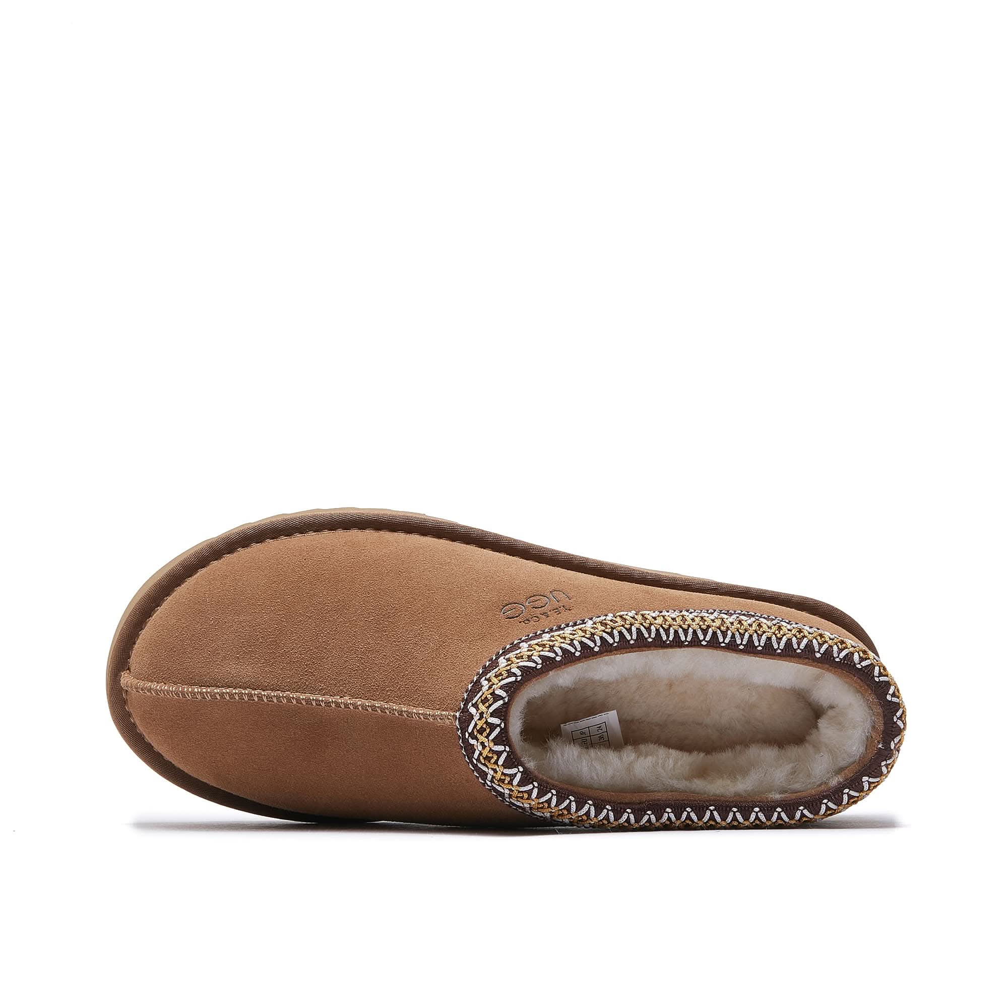 Tan suede sheepskin slipper with wool lining, top view. - Yellow Earth Australia