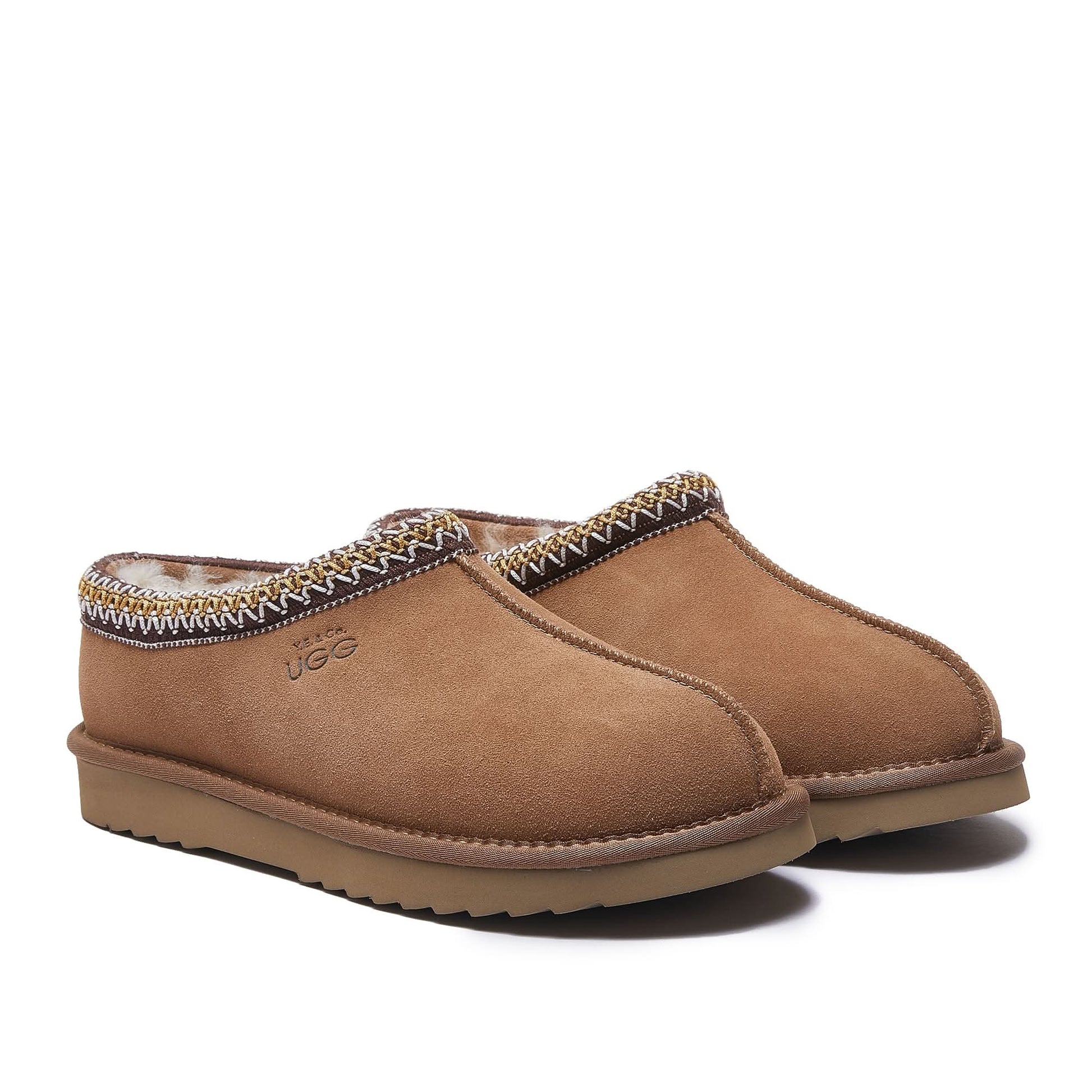 Tan suede sheepskin cloggs with knitted trim, front three-quarter view. - Yellow Earth Australia