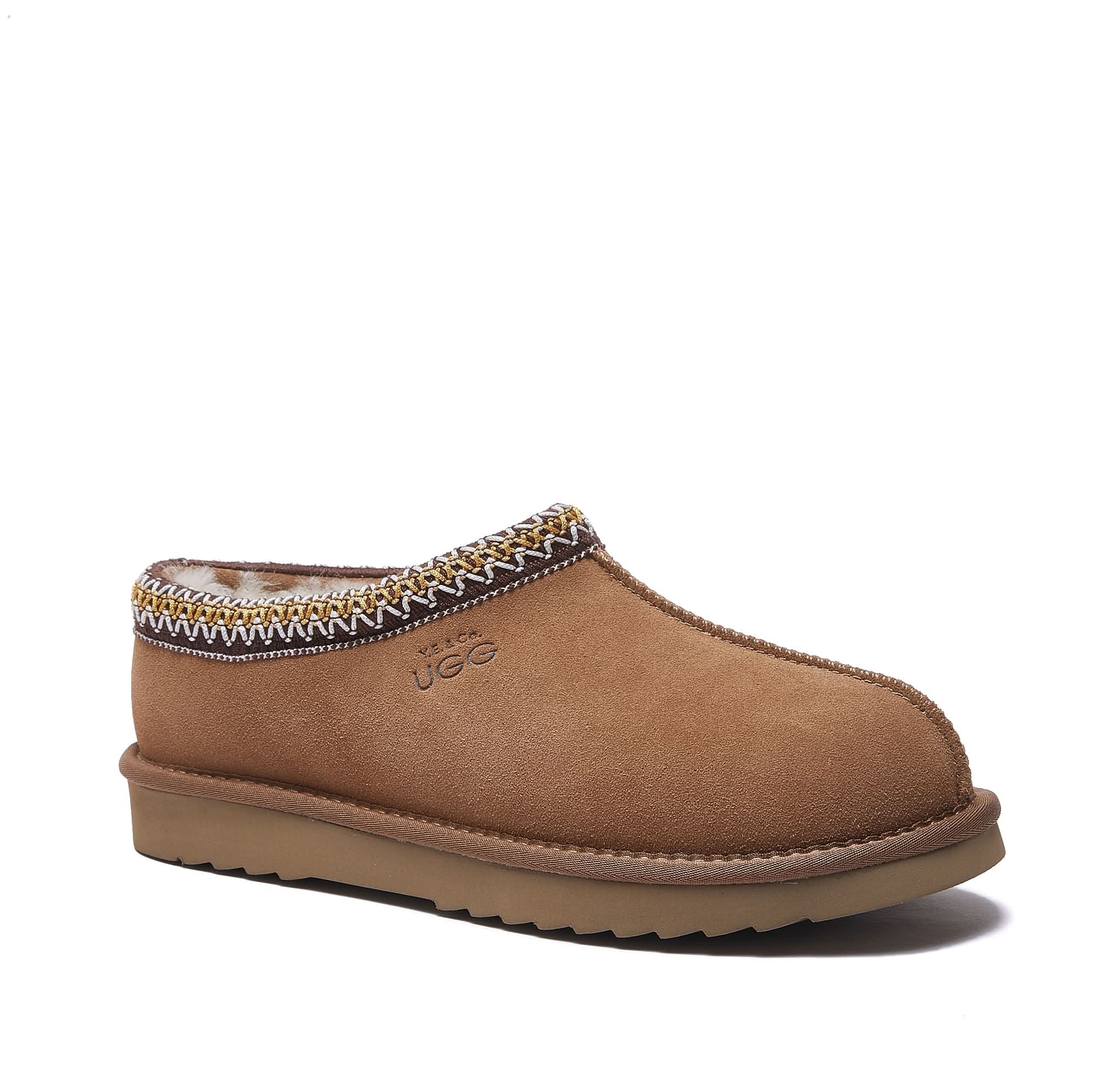 Tan suede sheepskin slipper with knit collar trim, side view. - Yellow Earth Australia