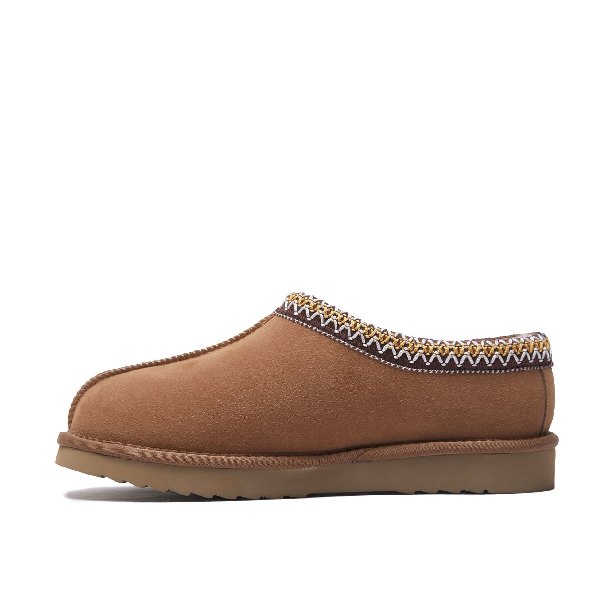 Tan suede sheepskin clog mule with knitted collar trim, side view. - Yellow Earth Australia