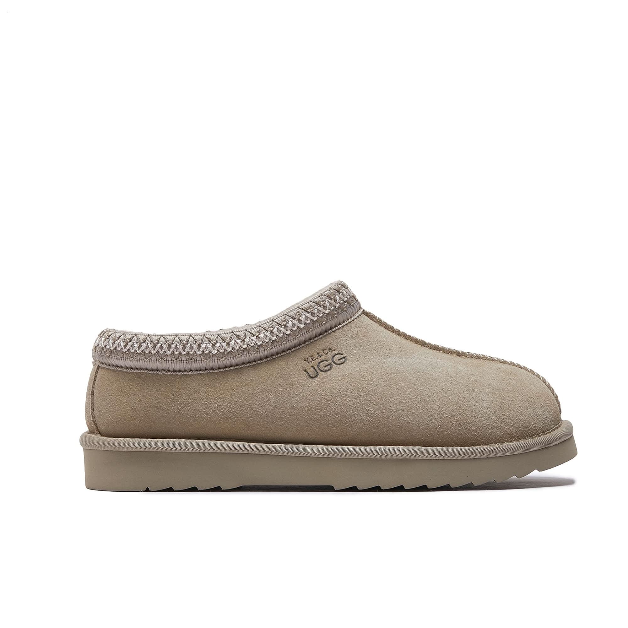 Beige suede sheepskin clogged slipper with knit collar, side view. - Yellow Earth Australia