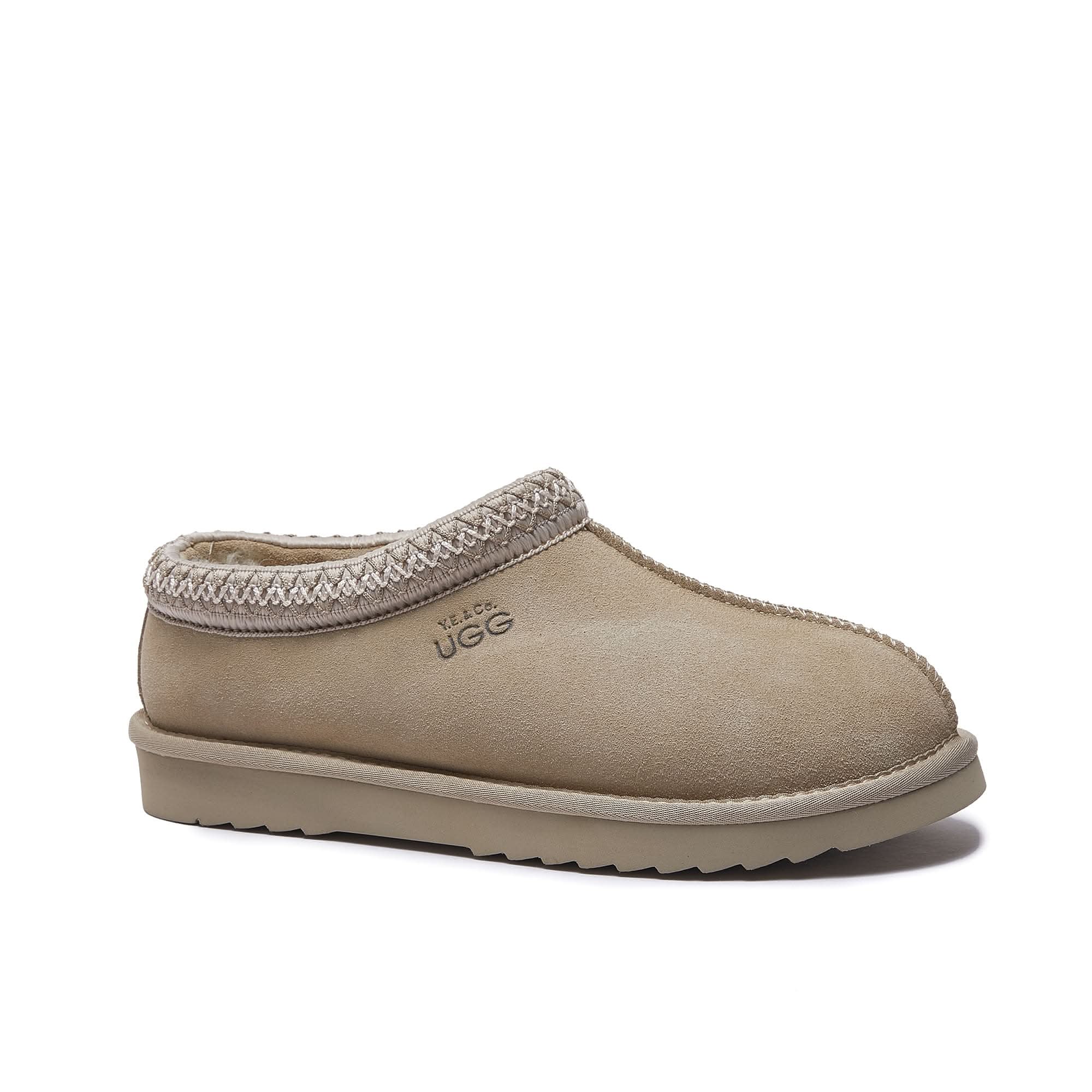 Beige suede sheepskin slipper clog with knit collar trim, side view. - Yellow Earth Australia
