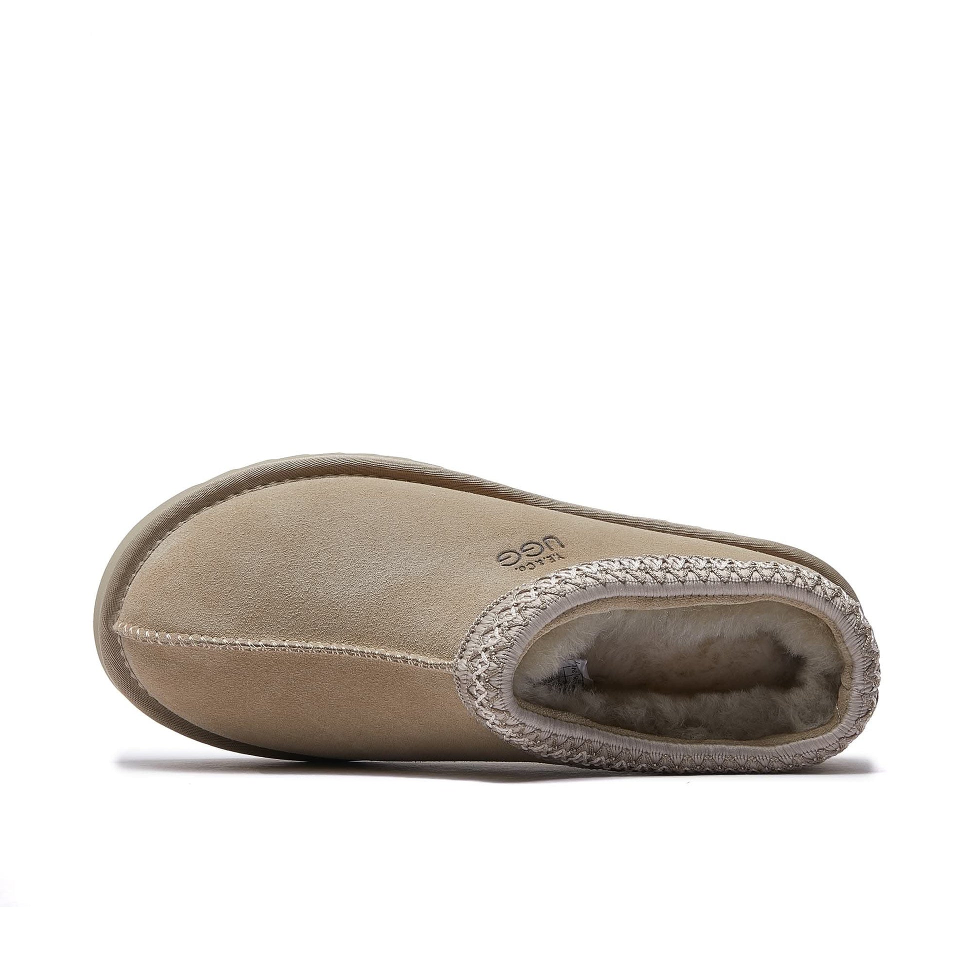 Beige sheepskin bootie slipper with wool lining, top view. - Yellow Earth Australia