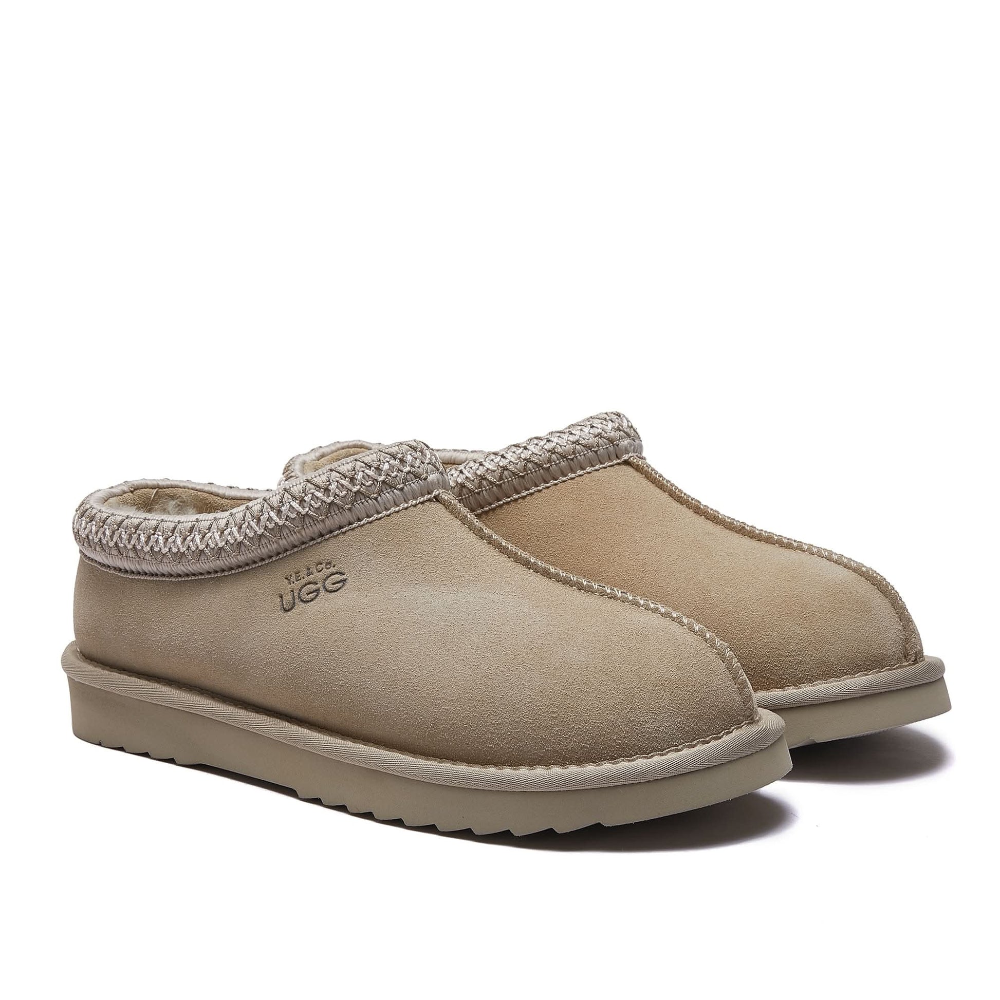 Beige suede sheepskin clogsslippers with knitted collar trim, angled front view. - Yellow Earth Australia