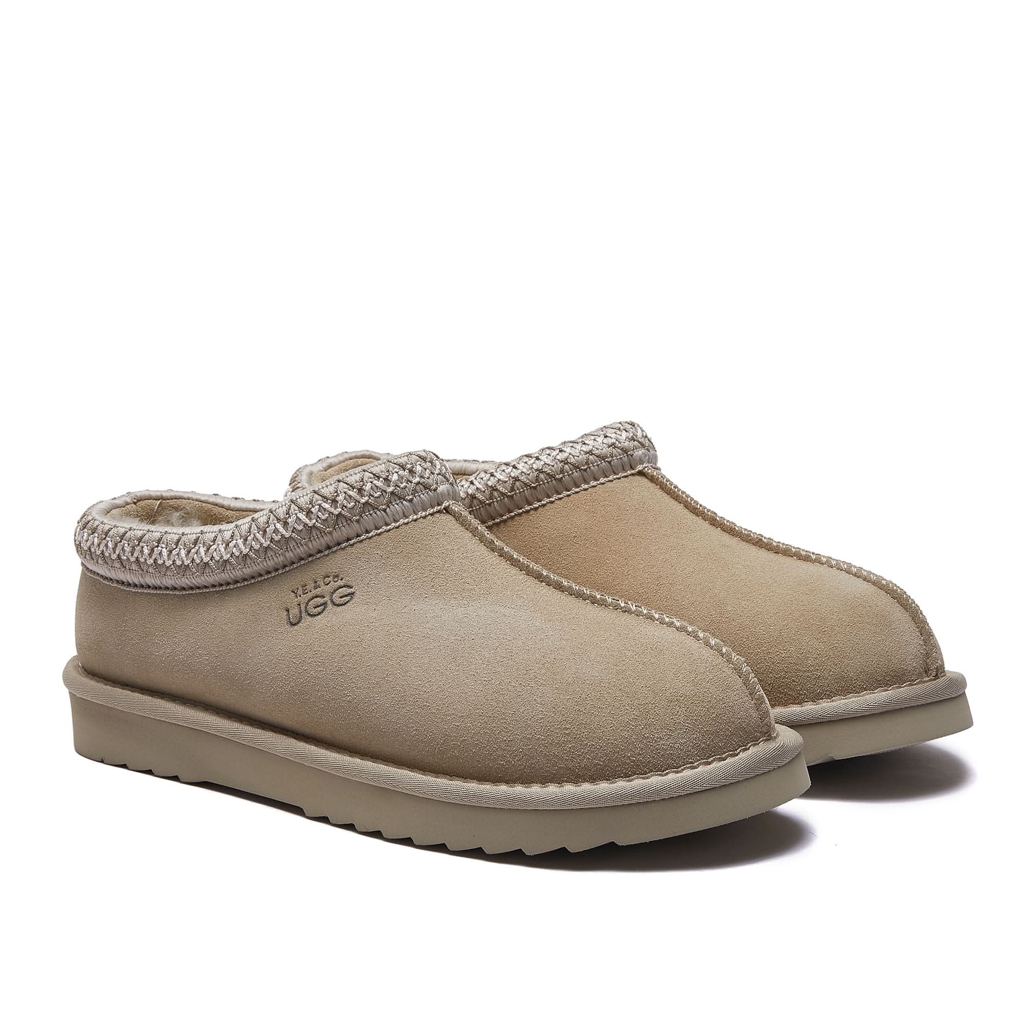 Beige suede sheepskin clogsslippers with knitted collar trim, angled front view. - Yellow Earth Australia