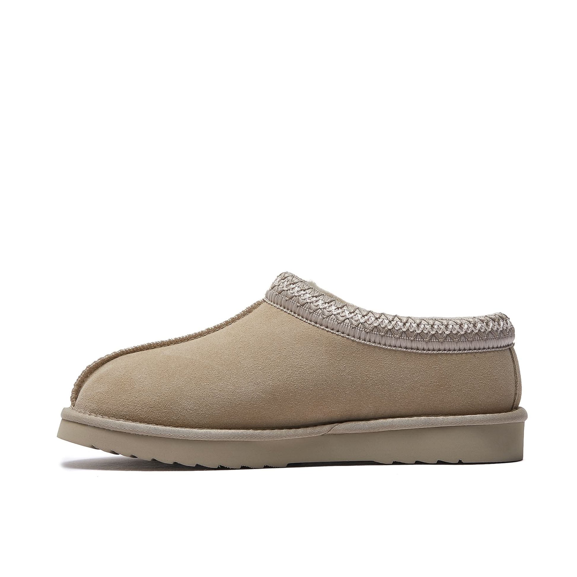 Beige sheepskin suede slipper mule with knit collar, side view. - Yellow Earth Australia