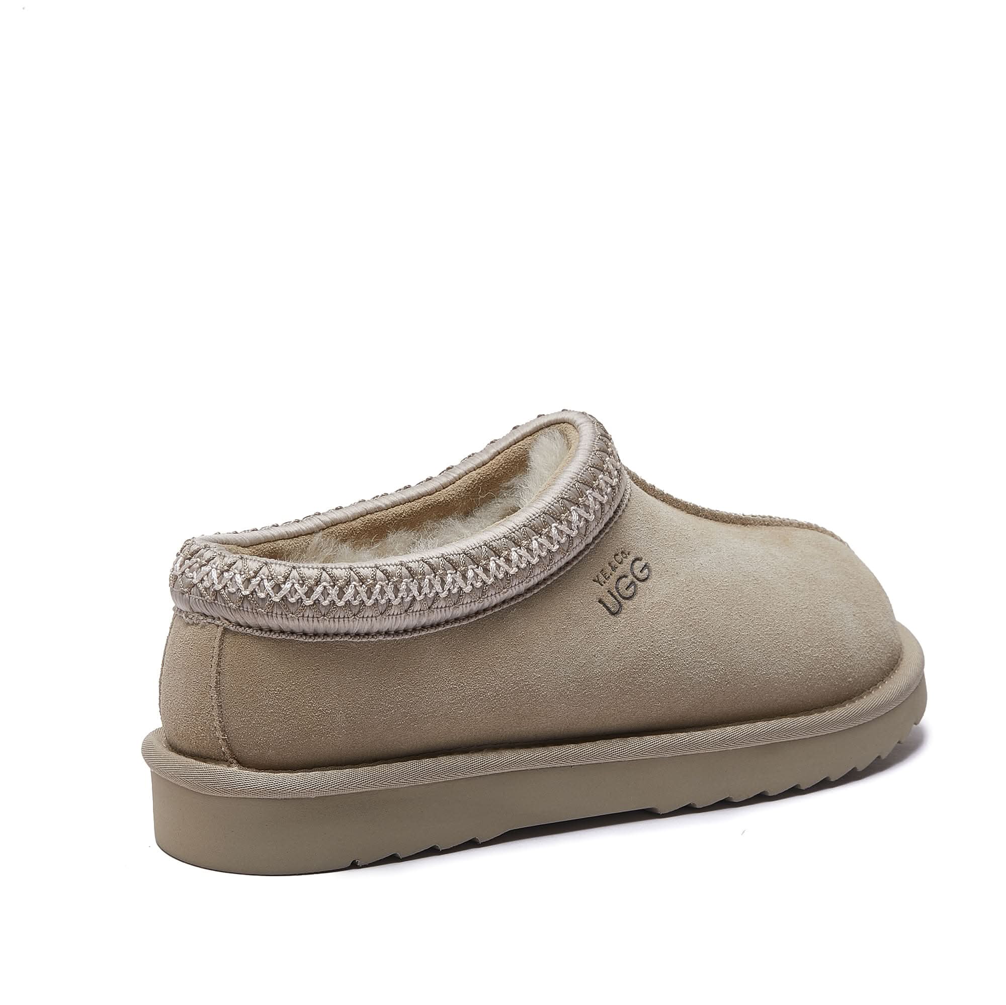 Beige sheepskin mule clog with knit collar trim, rear three-quarter view. - Yellow Earth Australia