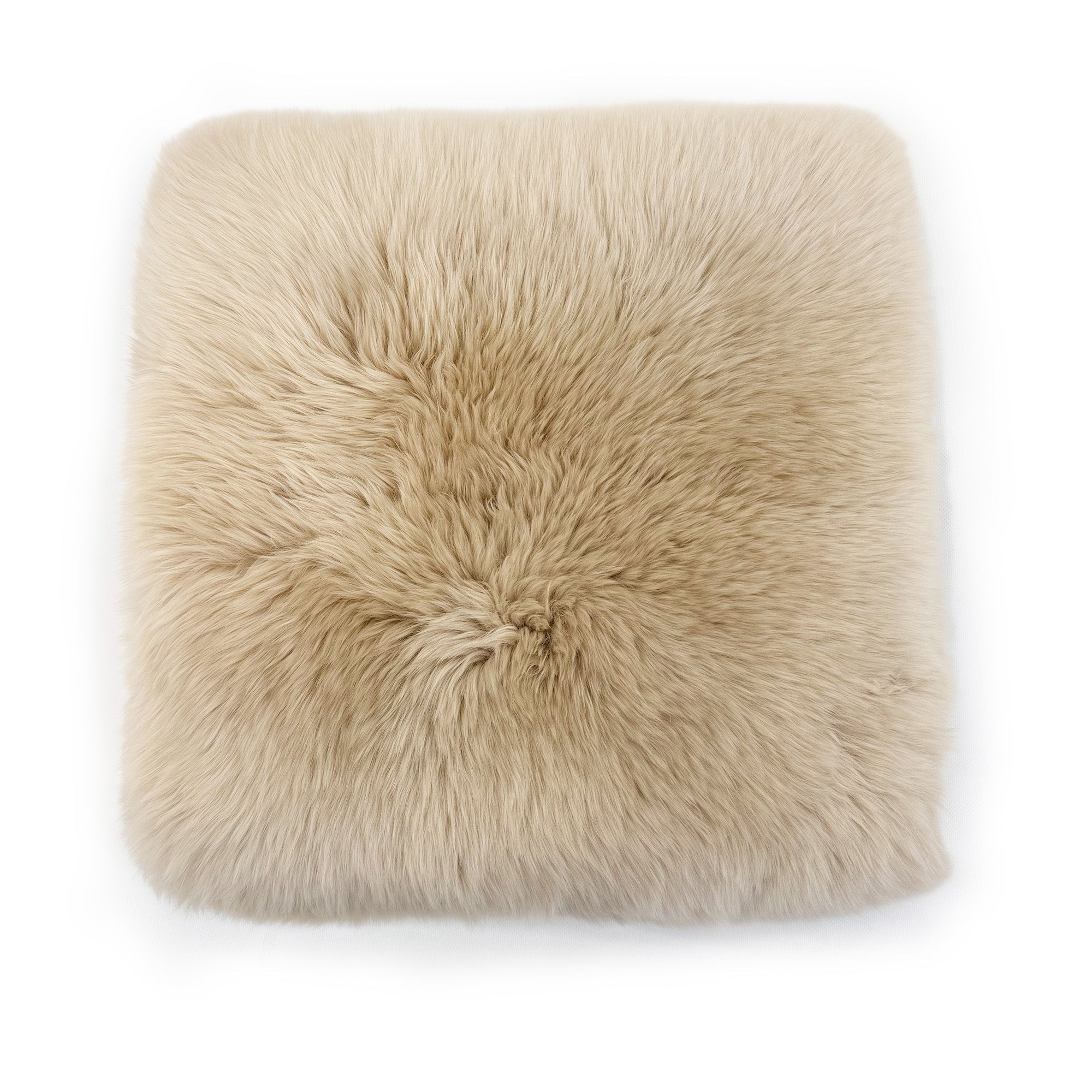 Cream sheepskin square cushion with fluffy wool texture, top view. - Yellow Earth Australia