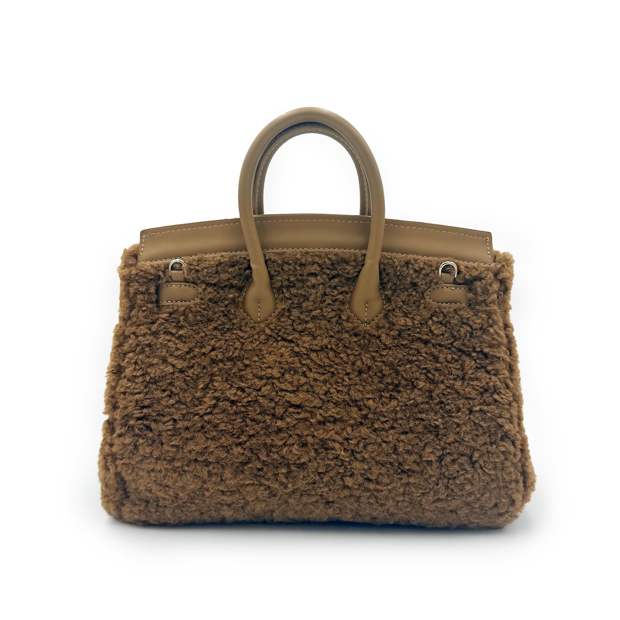Tan wool sheepskin tote bag with leather handles, front view. - Yellow Earth Australia