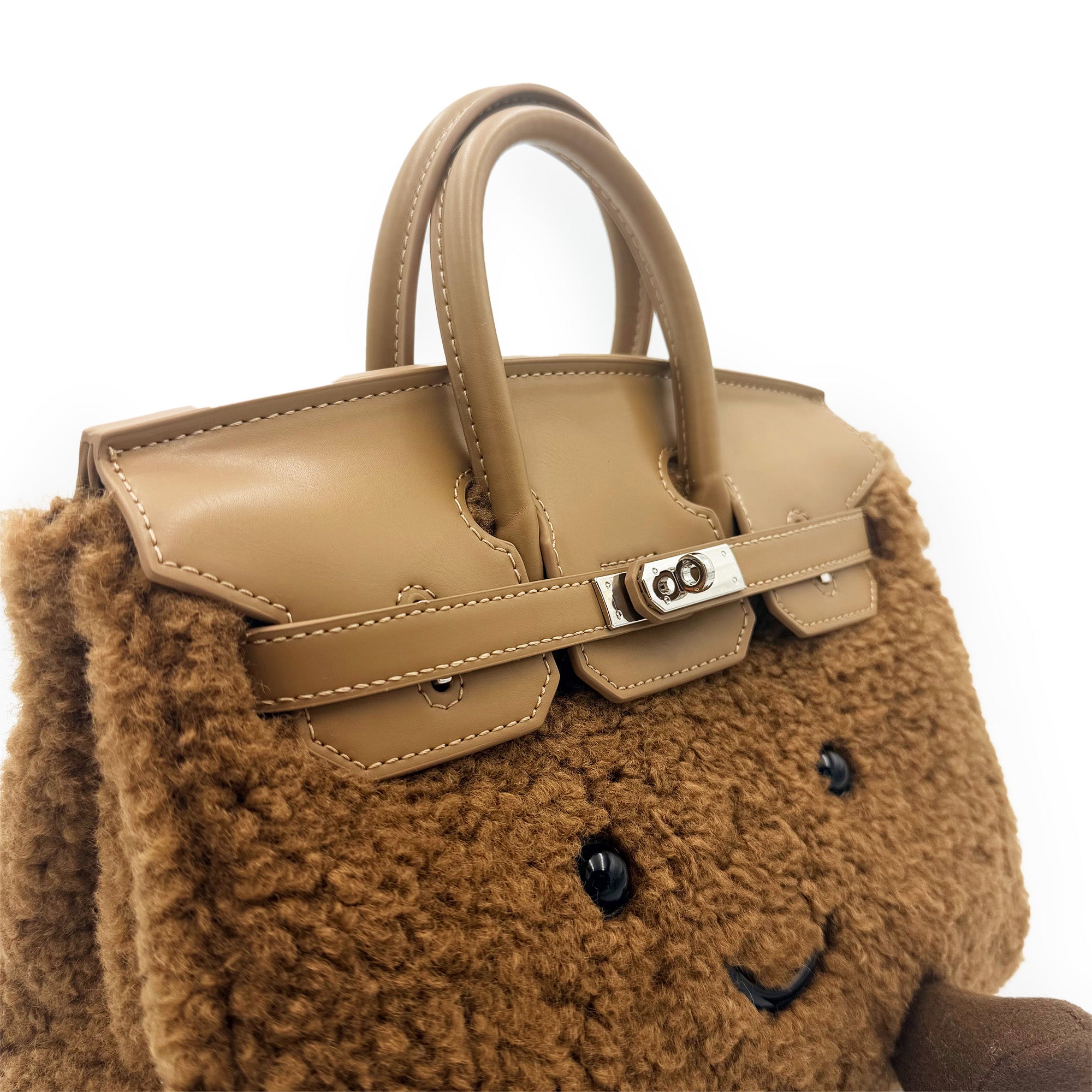 Tan teddy bear sheepskin tote bag with leather handles, front view. - Yellow Earth Australia