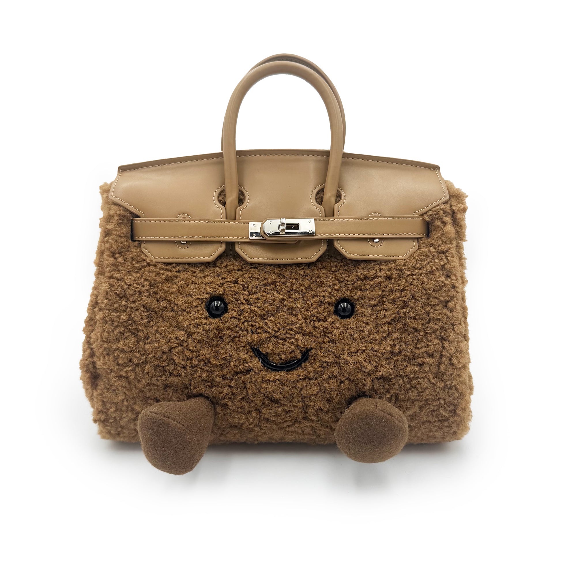 Cute tan sheepskin handbag with smiling face and leather handles, front view. - Yellow Earth Australia