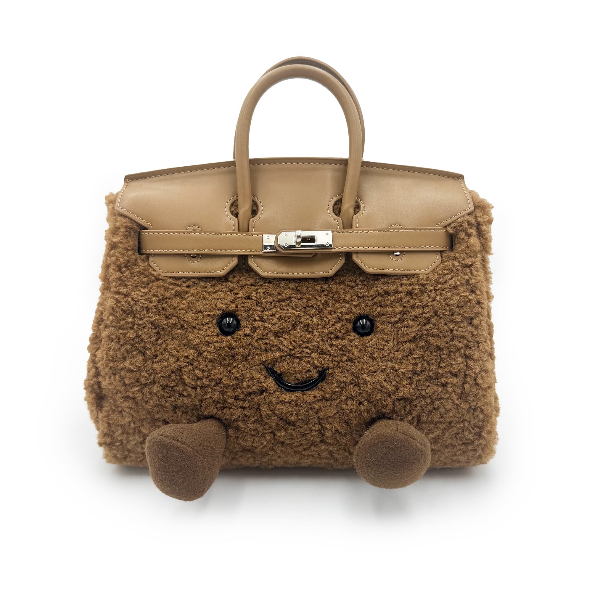Cute tan sheepskin handbag with smiling face and leather handles, front view. - Yellow Earth Australia
