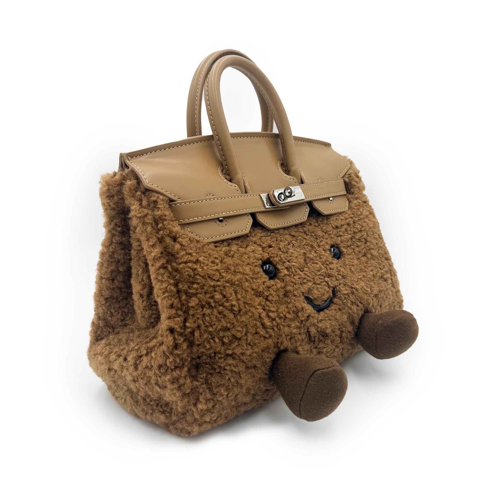 Cute beige sheepskin handbag with smiling face and fuzzy pom-pom feet, front view. - Yellow Earth Australia