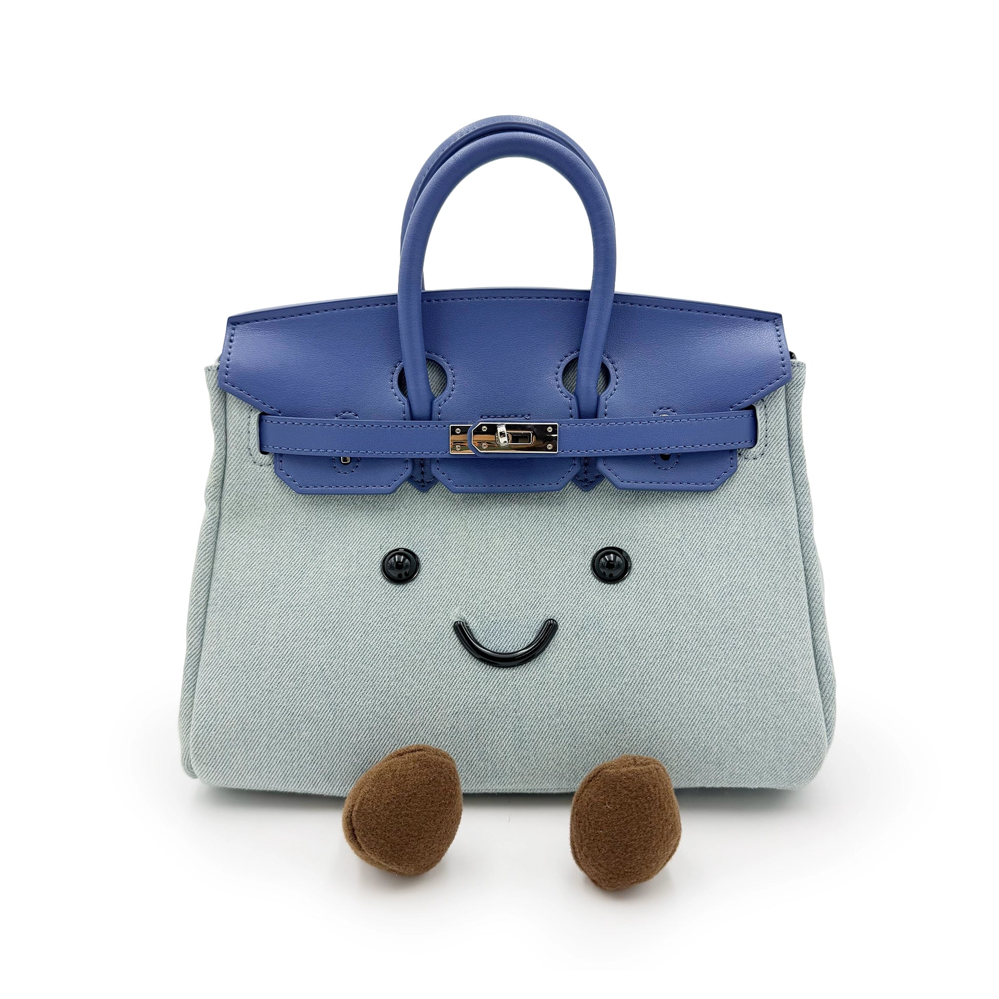 Light blue wool handbag with blue leather handles and cute face design, front view. - Yellow Earth Australia