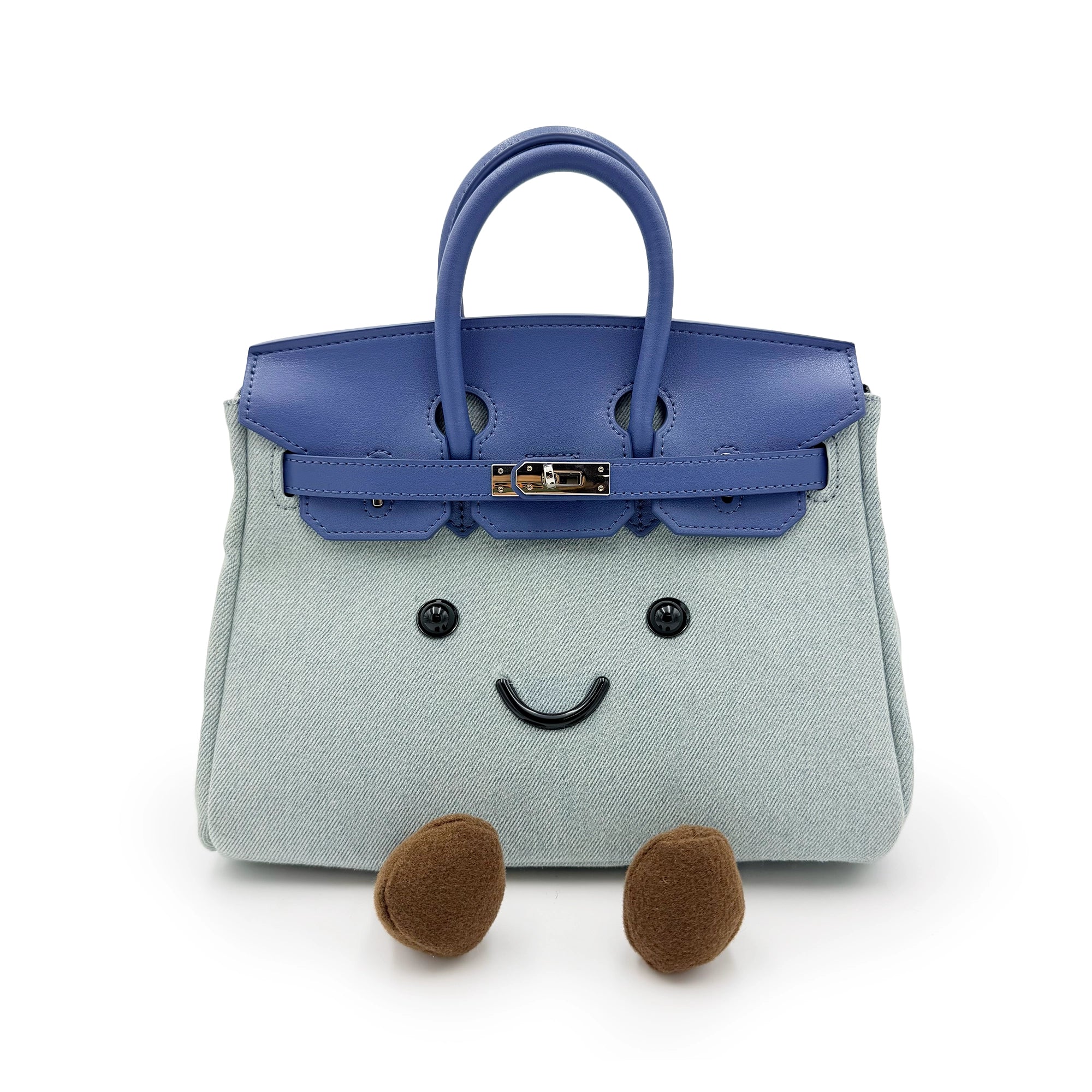 Light blue wool handbag with blue leather handles and cute face design, front view. - Yellow Earth Australia