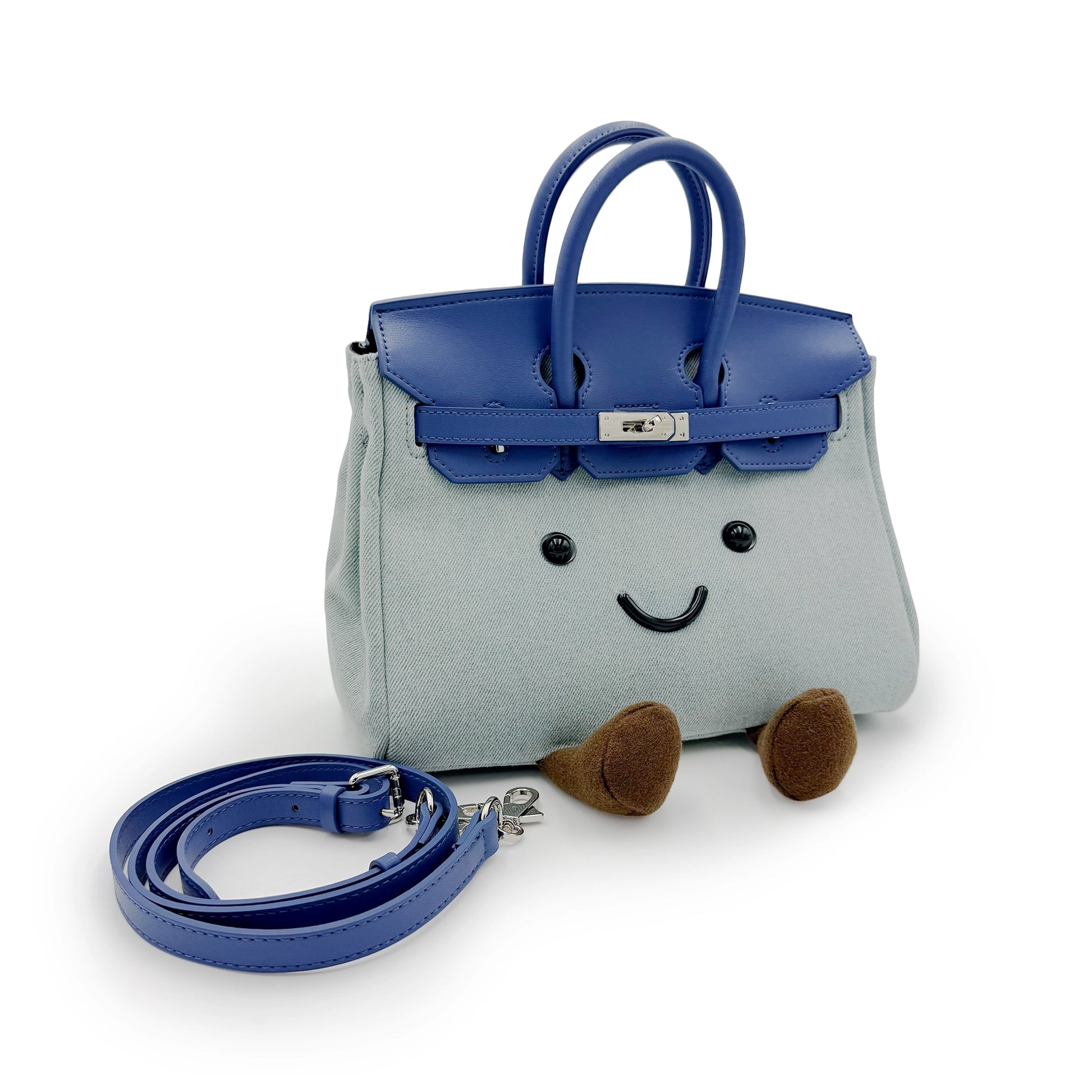 Cute plush handbag with smiling face, blue leather handles and strap, grey wool body. - Yellow Earth Australia