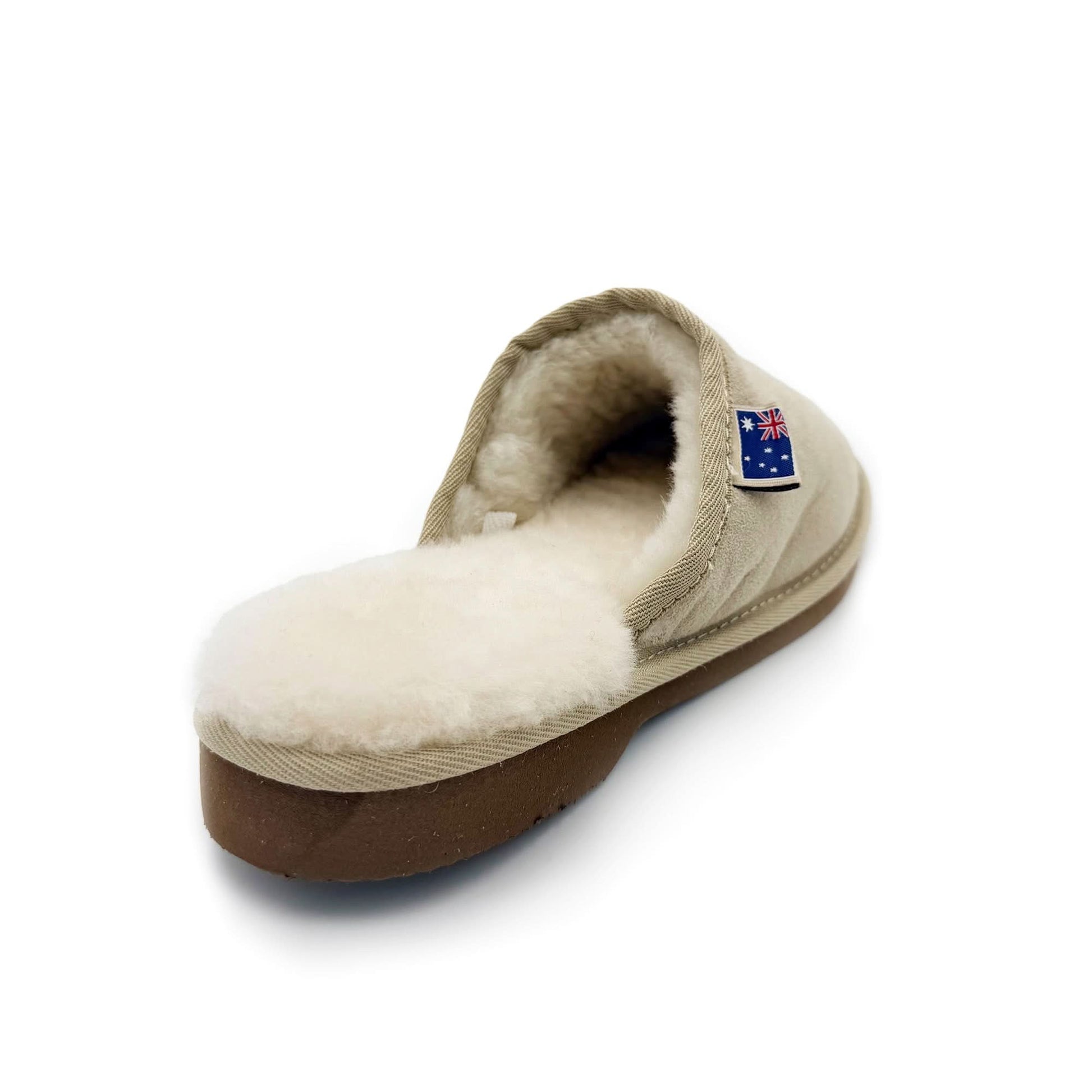 Cream sheepskin slipper with wool lining, side view on white background. - Yellow Earth Australia
