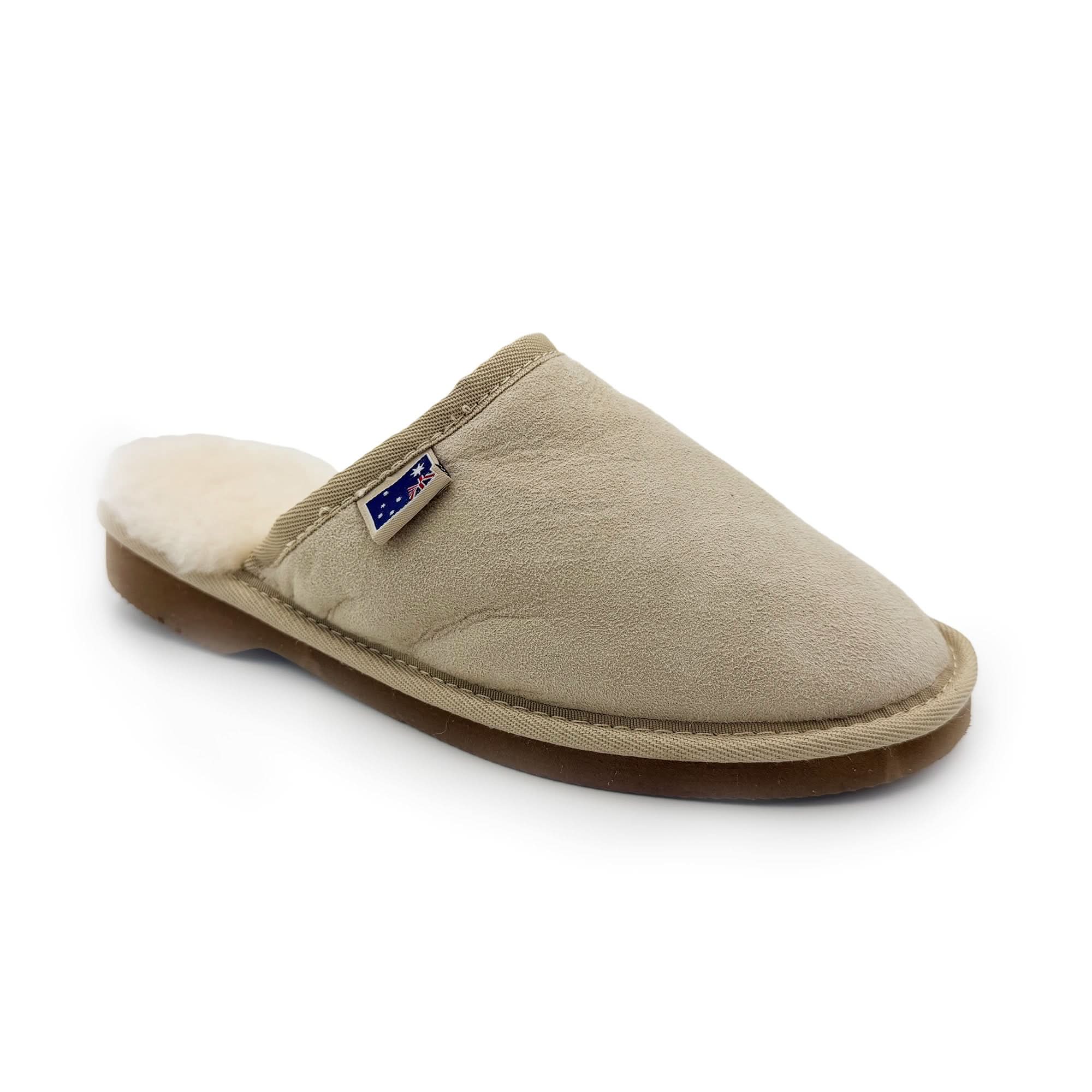 Beige sheepskin slipper with wool lining, side angle view. - Yellow Earth Australia