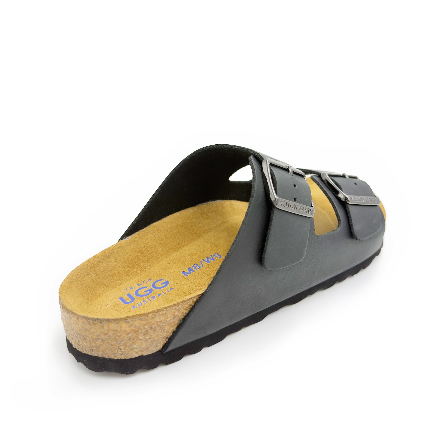 Grey and mustard wool-lined leather slide sandal with cork sole, rear view. - Yellow Earth Australia