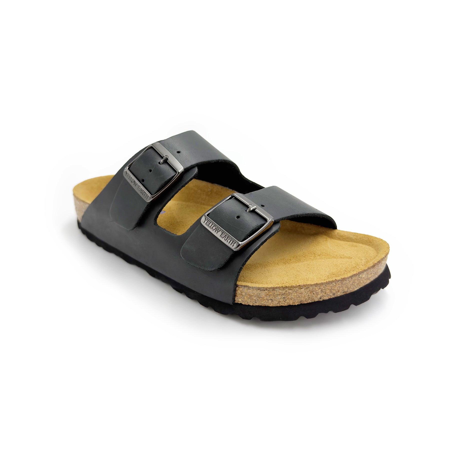 Black leather two-strap slide sandal with mustard suede footbed and cork sole, angled view. - Yellow Earth Australia