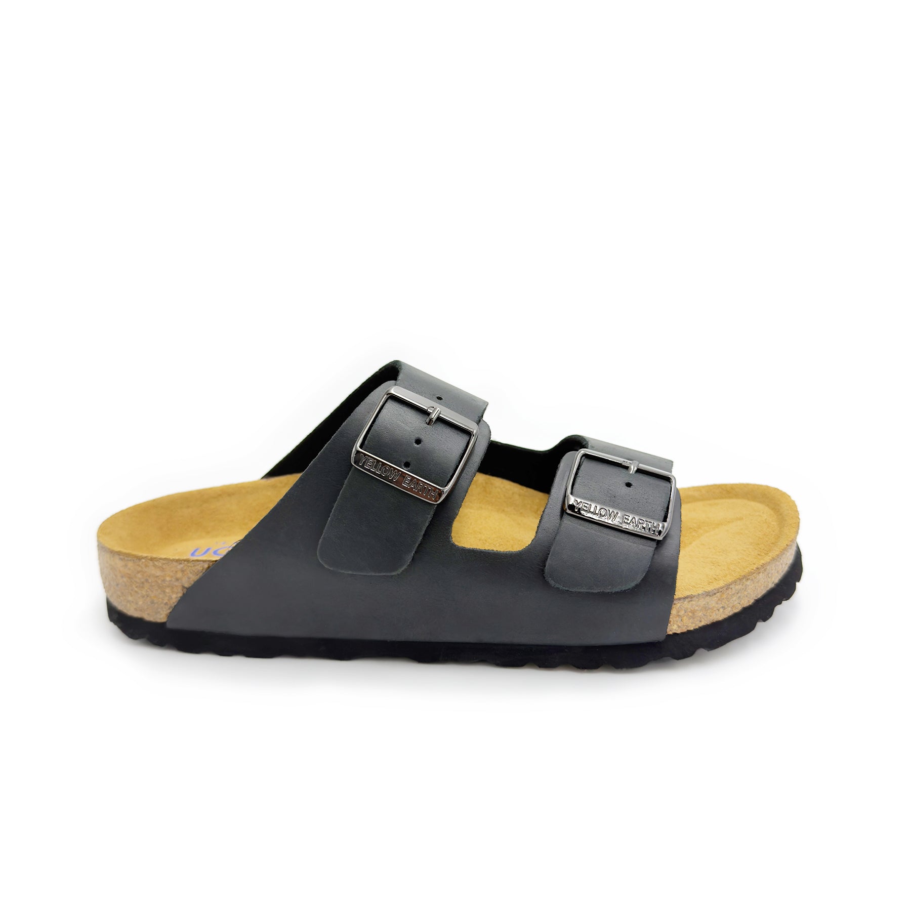Black leather two-strap slide sandal with cork and sheepskin footbed, side view. - Yellow Earth Australia