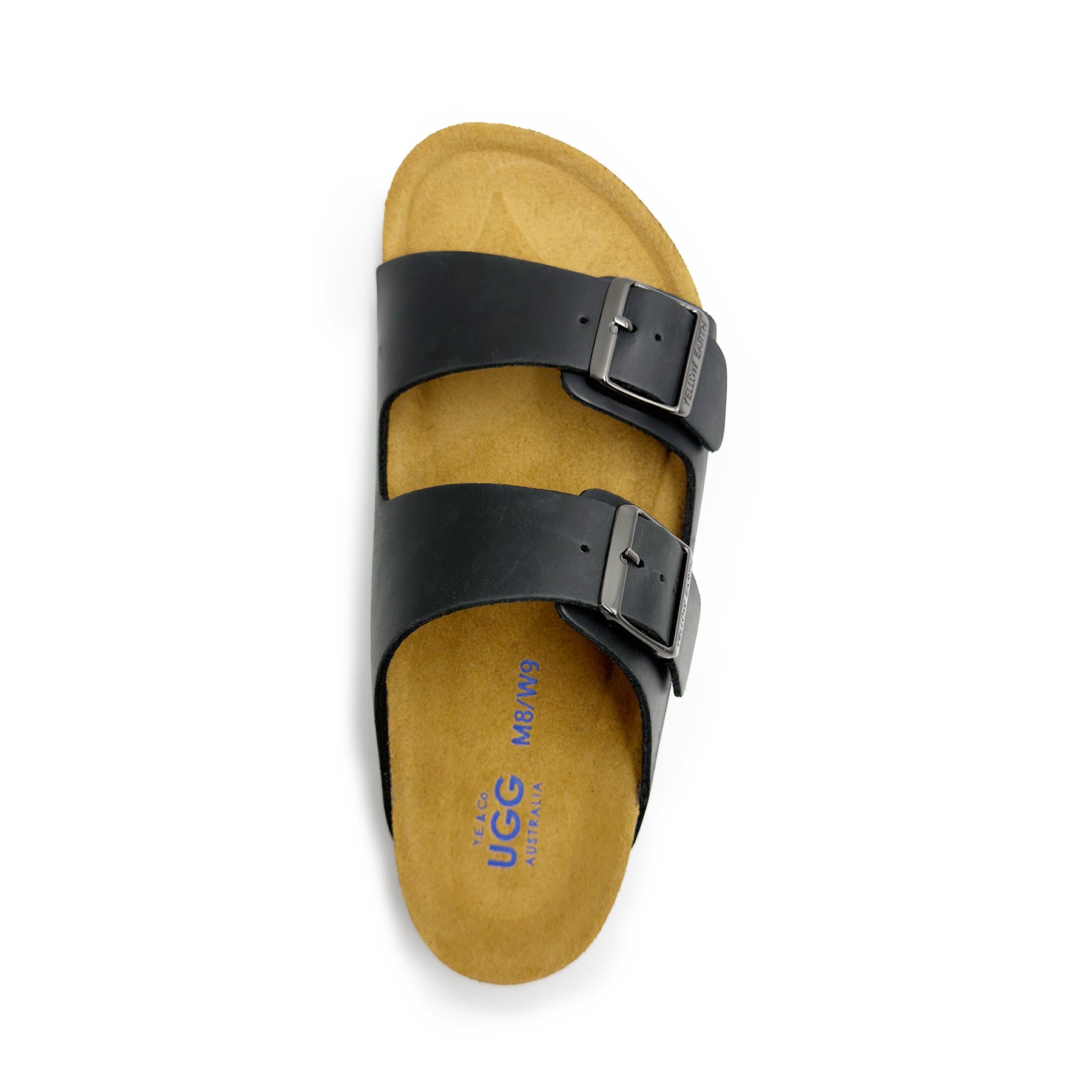 Black leather dual-buckle sandal with tan sheepskin footbed, top view. - Yellow Earth Australia