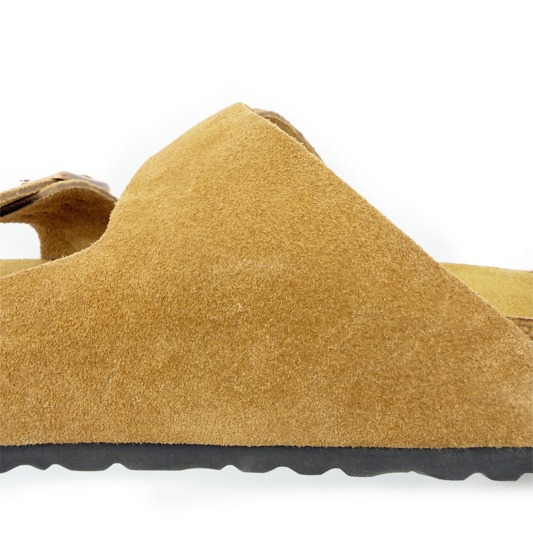 Tan suede sheepskin slipper with textured wool lining, side view. - Yellow Earth Australia